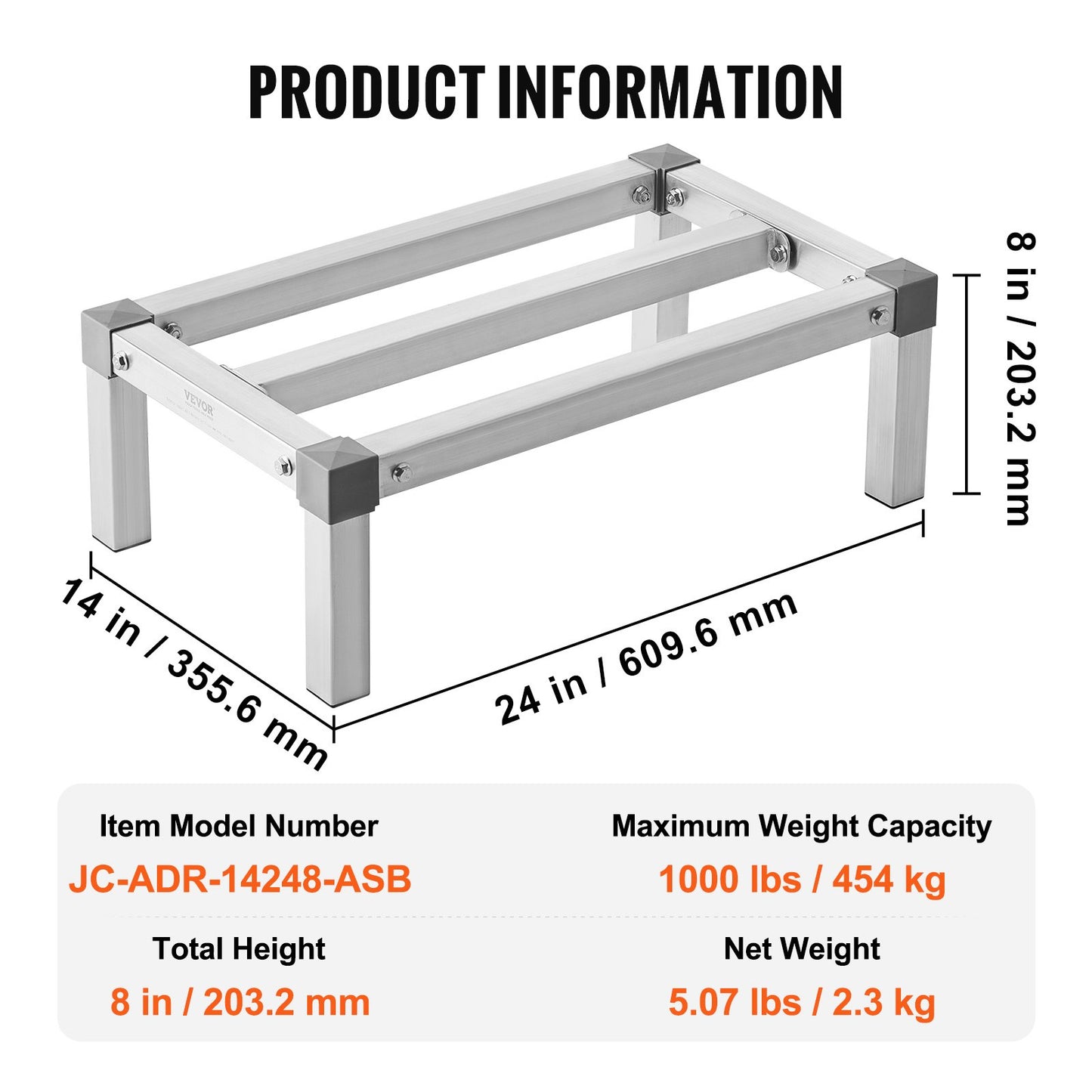 Aluminiumställ för lastutrymme, 61 x 36 cm kommersiellt golvställ för livsmedel, 20 cm från golvet, justerbart förvaringsställ i aluminium med en kapacitet på 450 kg, för förvaring i restauranger, kök, garage och fordon