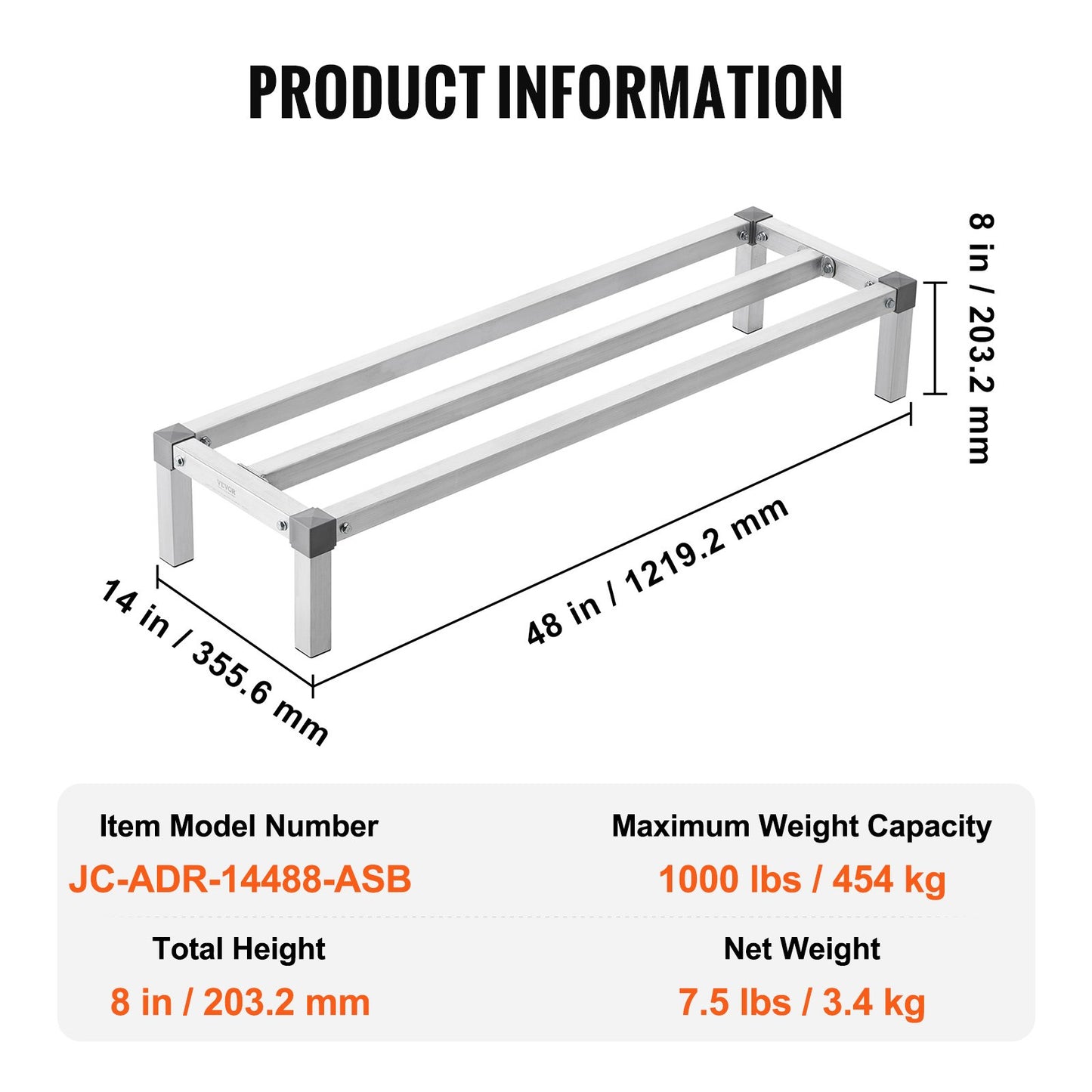 Aluminiumställ för lastutrymme, 112 x 36 cm kommersiellt golvställ för livsmedel, 20 cm från golvet, helsvetsat förvaringsställ i aluminium med en kapacitet på 450 kg, för förvaring i restauranger, kök, garage och fordon