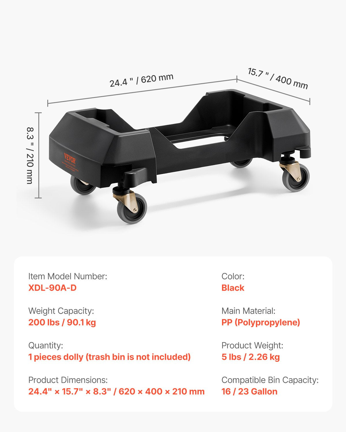 Sopkärlsvagn, passar 16/23 gallon behållare, smal sopkärlsrulle med 4 låsbara hjul, 200lbs viktkapacitet, kraftig tunnvagn, mjukt och tyst rullande plastkärlsvagn