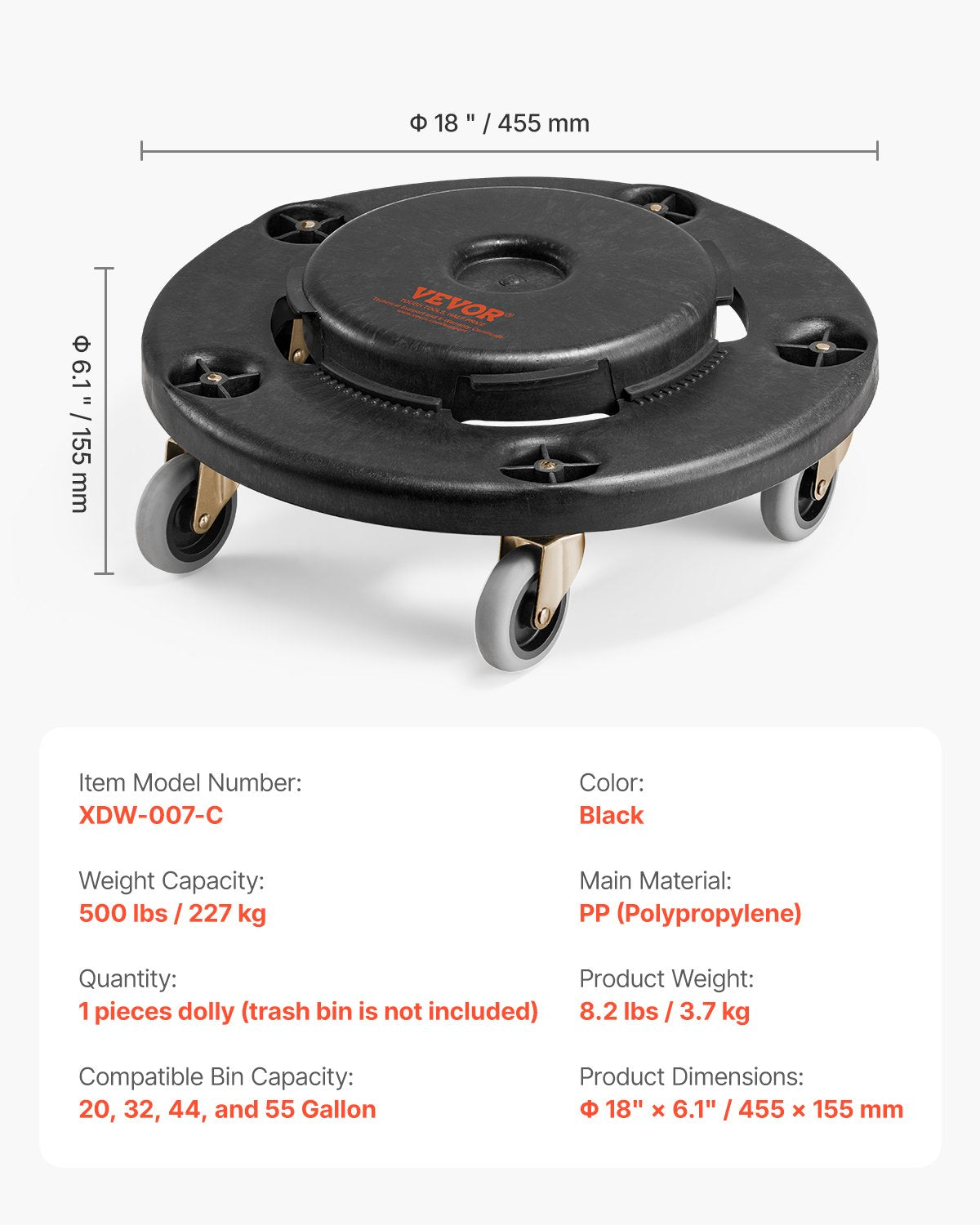 Papperskorgvagn, passar 20, 32, 44, 55 gallon behållare, rund papperskorg med rullbas och 4 låsbara hjul, 500 kg viktkapacitet, kraftig tunnvagn, multifunktionell rullvagn
