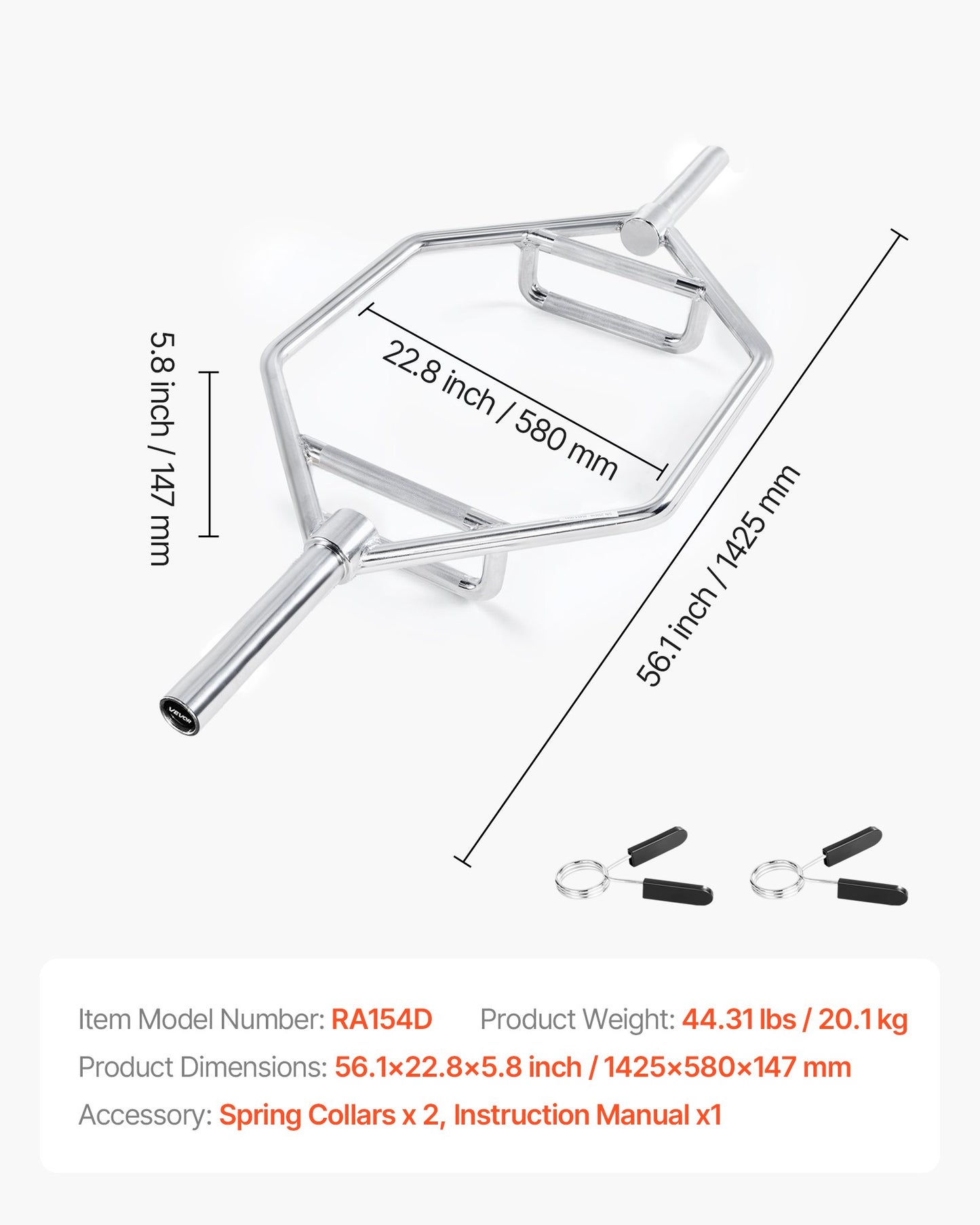 Trap Bar Hex Bar, 50 mm sexkantsstång, 360 kg kapacitet Shrug Bars med räfflade grepp, tyngdlyftnings- och styrketräningsutrustning, hemmagym för knäböj, marklyft, axelpress, silver