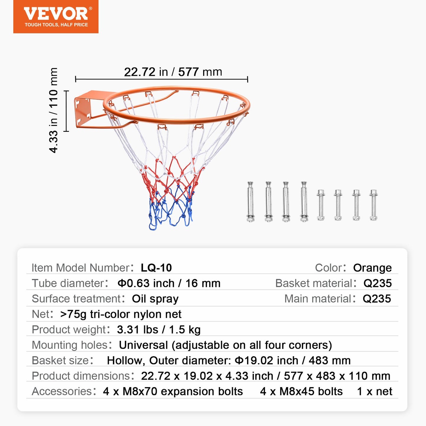 Basketkorg, väggdörrmonterad basketkorg, kraftig Q235 basketmål med flexkant och nät, standard 18" hängande basketkorg för inomhus och utomhusbruk för barn och vuxna