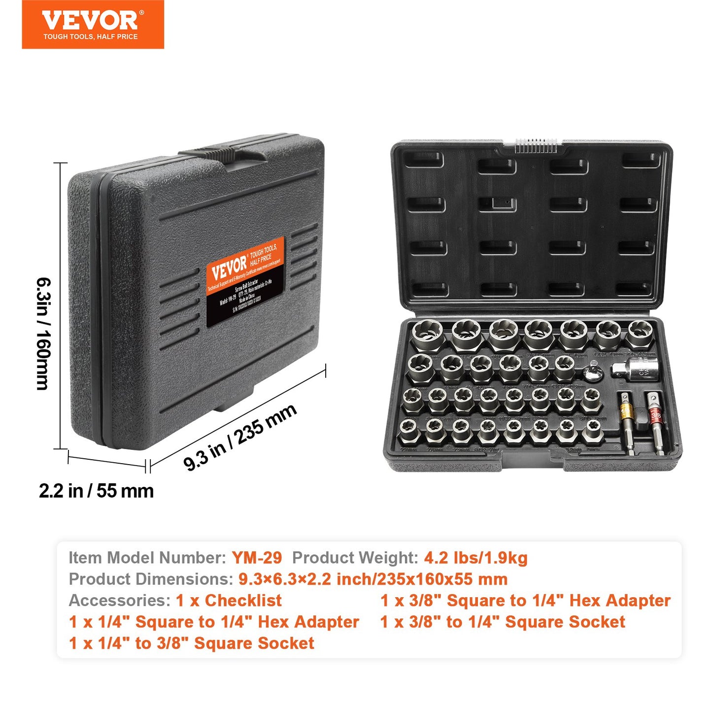 Bultutdragarsats, 29-delars bult- och mutterutdragarsats, 6 mm till 10 mm, 13/32" till 3/4", CR-MO-stålutdragarhylssats med förvaringsfodral, för borttagning av skadade rostiga bultar, muttrar och skruvar