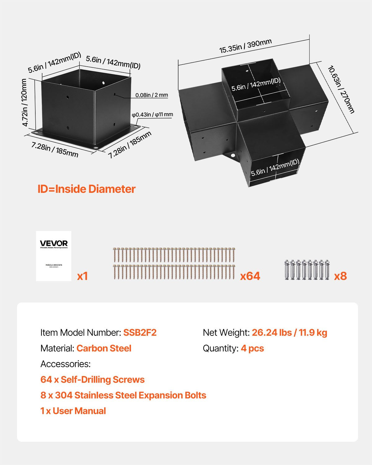 Pergolafästesats, 6x6 tum (innermått 142 x 142 mm), 2 st. 4-vägs kraftiga hörnfästen för träarbeten, gör-det-själv-stolpssats, enkel installation av träbjälkar för paviljonger, uteplatspergolor, timmerstuga