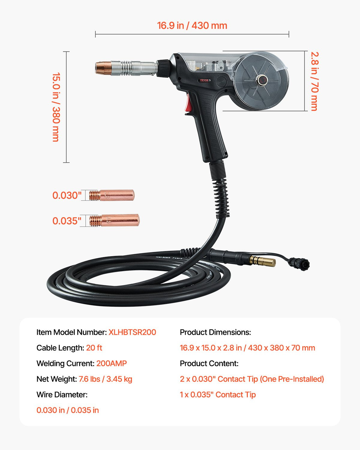 200A spolpistol med 6 meter kabel, kompatibel med Hobart IronMan 240 Mig-svetsar, lämplig för 0,030" och 0,035" flusstråd/solid/aluminiumsvetstråd