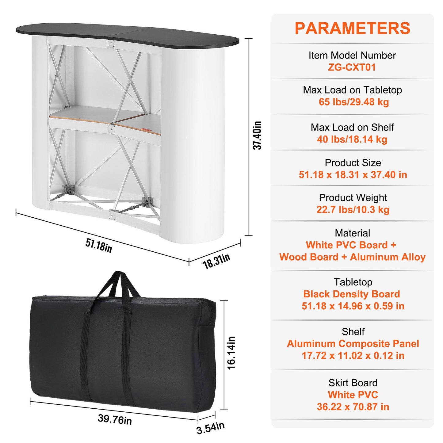 Bärbart mässbord, 130 × 46,5 × 95 cm, displaymonter för mässdisk med vägg, hopfällbart reklambord för detaljhandel, popup-podium med förvaringsställ, bärväska
