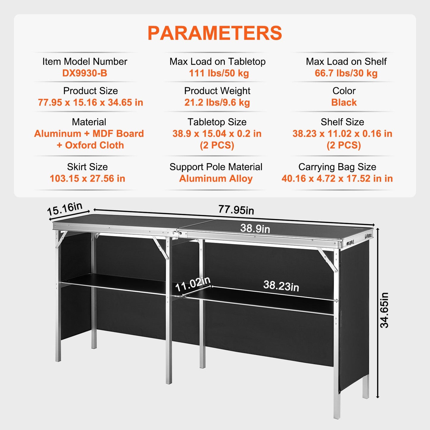 Bärbart mässbord, 1980 x 385 x 880 mm, displaymonter för mässdisk med vägg, hopfällbart reklambord för detaljhandeln, barbord med förvaringsställ och bärväska