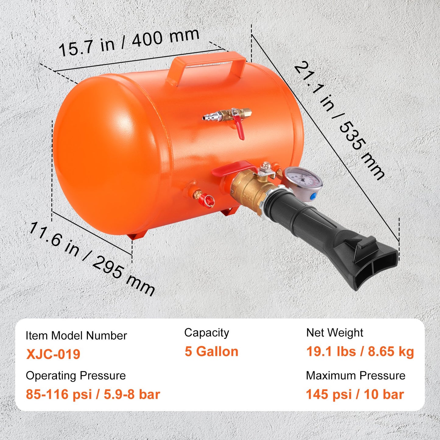 Däckpärlsprängare, 5 gallon/19 liter luftblästring med tryckmätare och handtag, 145 psi sätesverktyg för påfyllningstank, 85-116 psi driftstryck för bil, lastbil, fyrhjuling