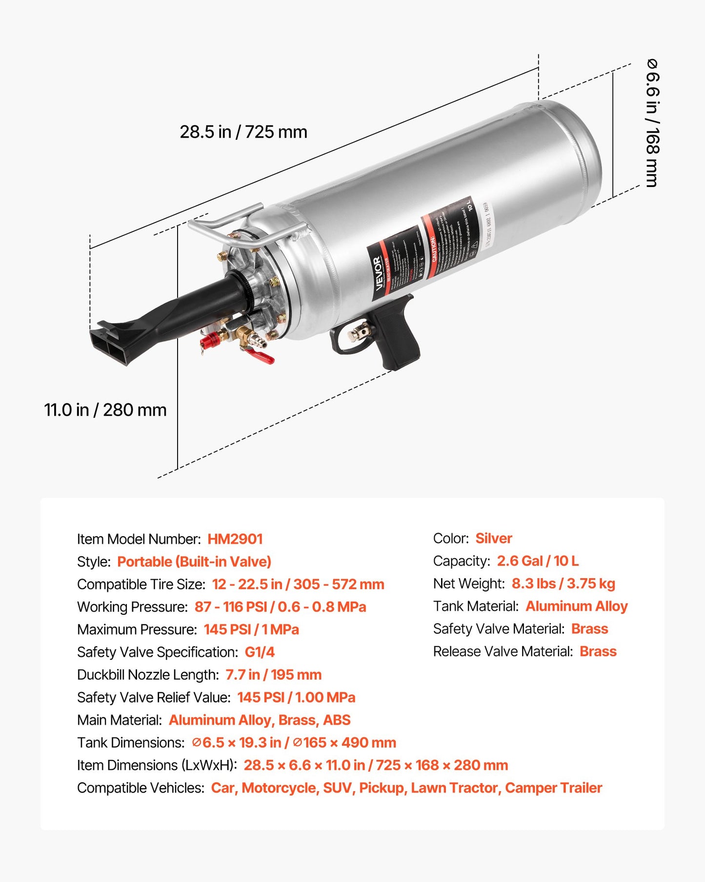 Bärbar däckplåtsblåsare, 2,6 gal/10 l luftblåsare, handhållen däckpumpare, 87-116 psi driftstryck, avtryckarmonterad däckpumpare för bil, kompakt SUV, lätt lastbil, elcykel, husbil, fyrhjuling