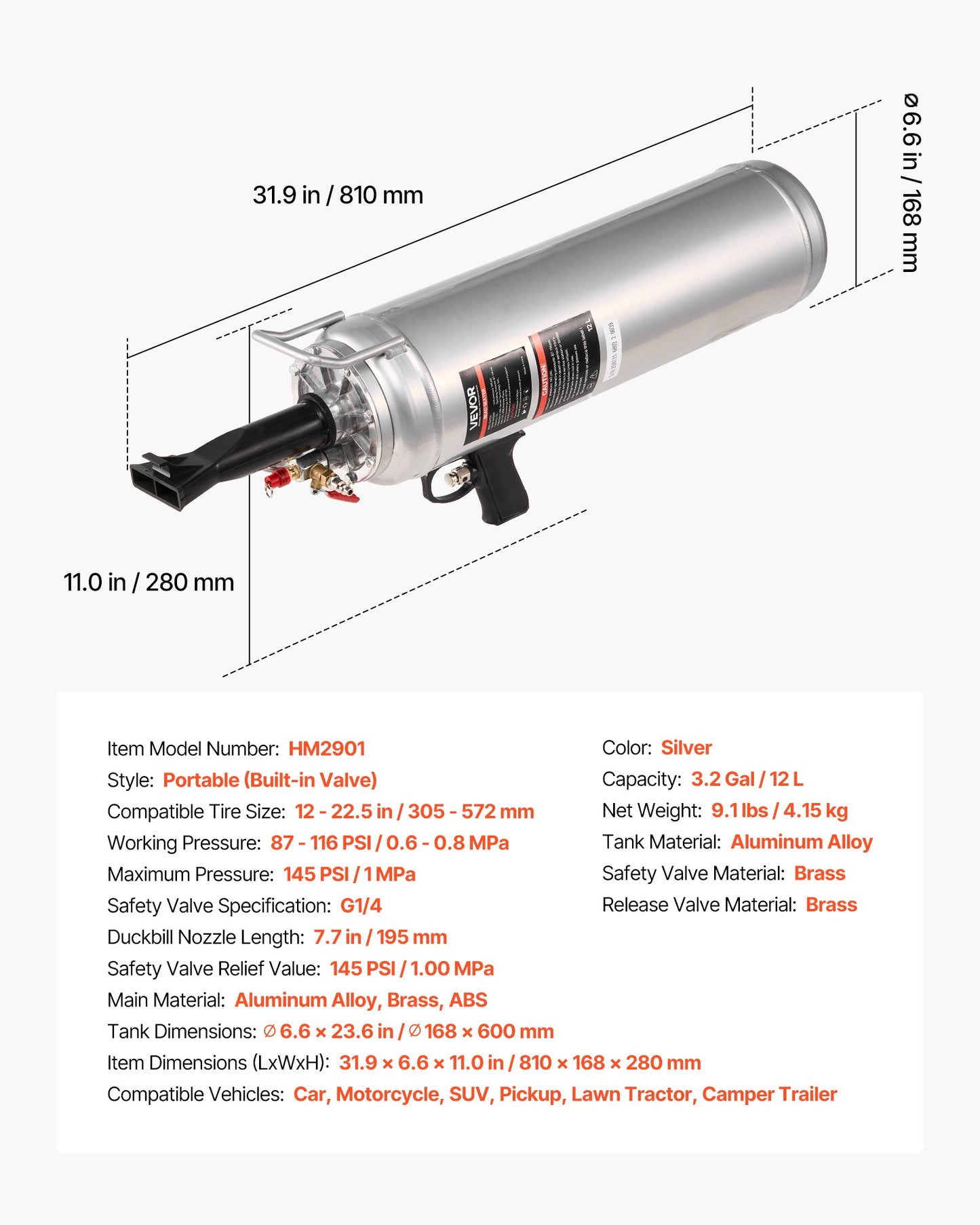 Portable Tire Bead Seater, 3.2 Gal / 12 L Air Bead Blaster, Handheld Tire Inflator Tool, 87-116 PSI Operating Pressure, Trigger Seating Inflator for Car, Compact SUV, Light Truck, E-Bike, RV, ATV