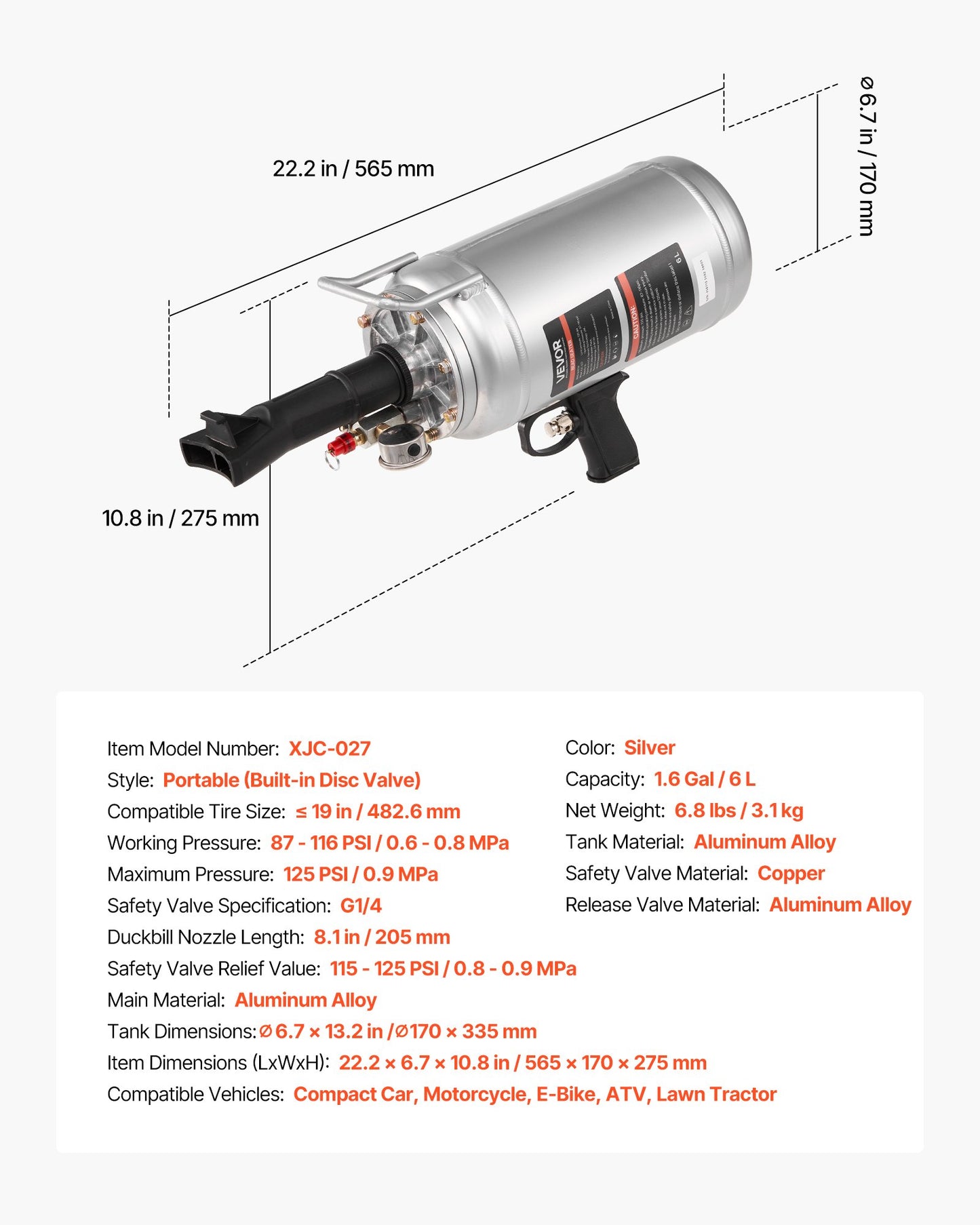 Bärbar däckpärlblåsare, 1,6 gallon / 6 l luftblåsare, handhållen däckpåfyllningsmaskin, 87-116 psi driftstryck, avtryckarmonterad däckpåfyllningsmaskin för bil, kompakt SUV, lätt lastbil, elcykel, husbil, fyrhjuling