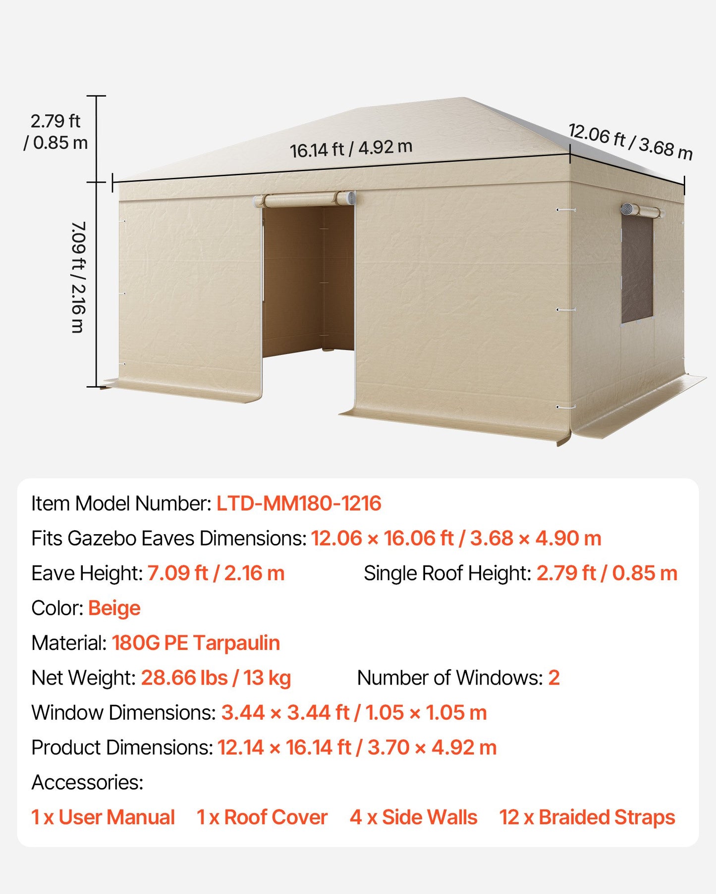 Vinterpaviljongöverdrag passar 3,68 x 4,9 m paviljonger med hård tak, allväderspaviljongöverdrag med sidoväggar och fönster, högdensitets PE-material, slutna förvaringsskydd, paviljonger ingår ej