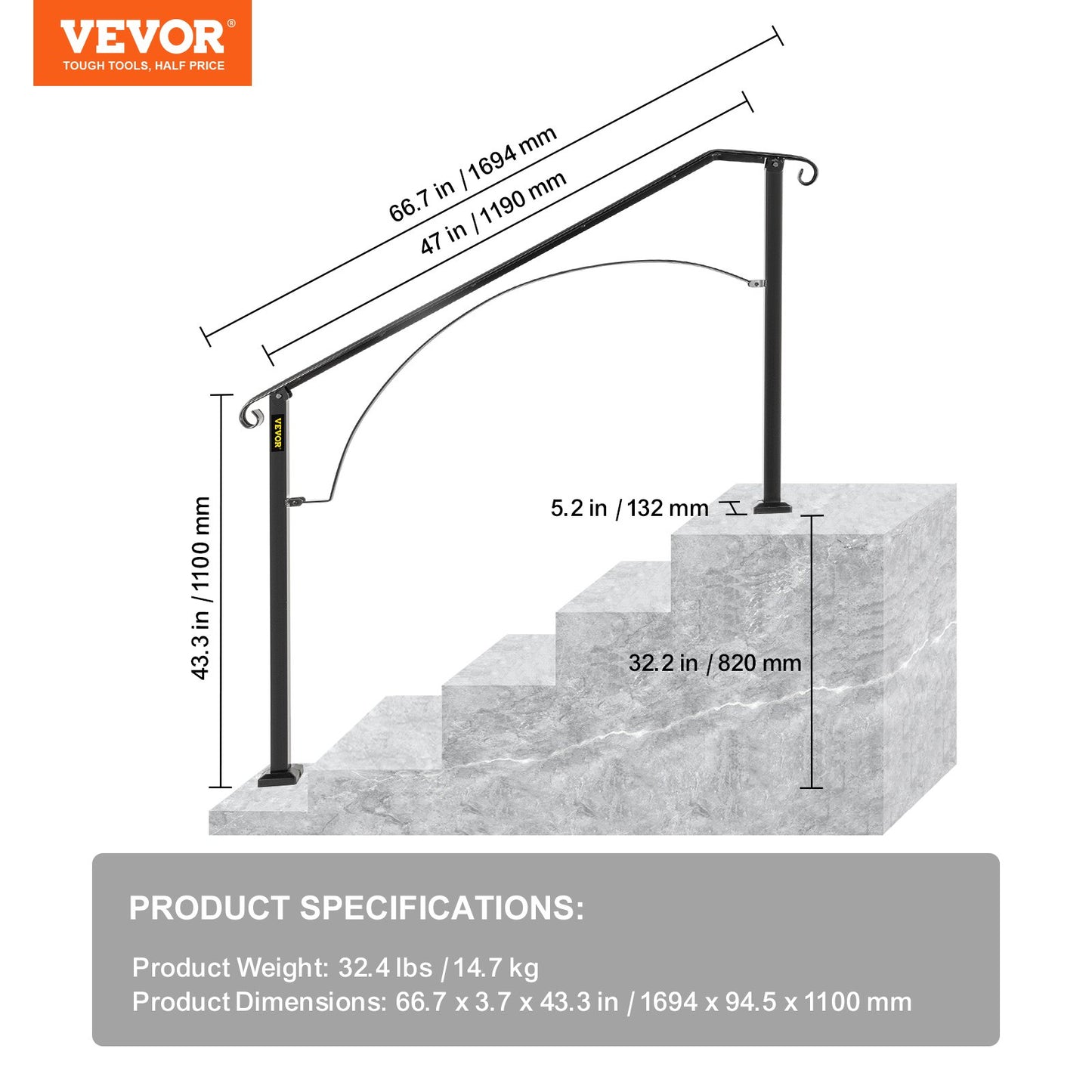 Ledstänger för utomhustrappor, passar för 4 eller 5 steg utomhusräcke, smidesjärnsräcke Arch#4, flexibelt verandaräcke, svarta övergångsledstänger för betongtrappor eller trätrappor