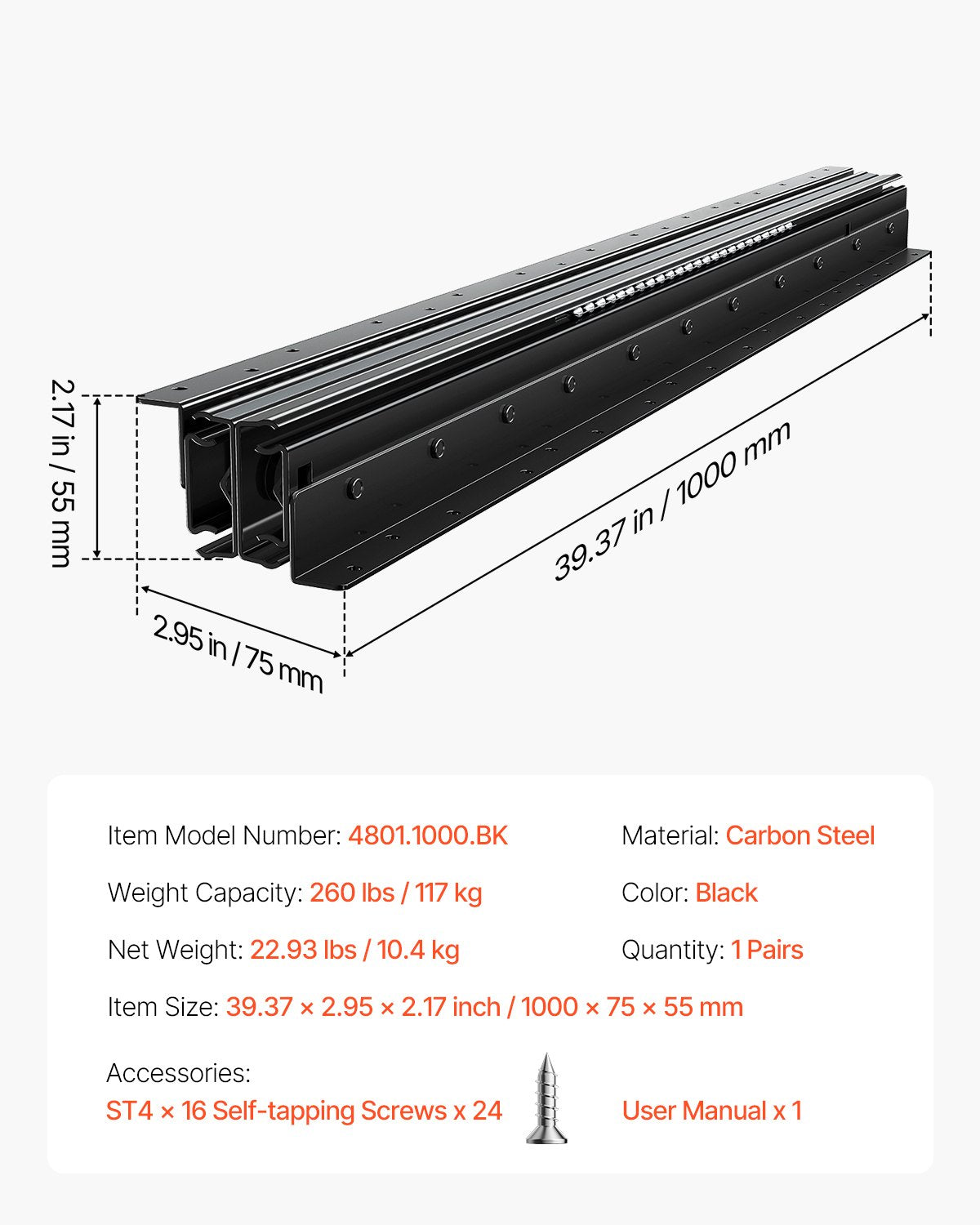 Undermonterade lådskenor, 40 tum, fullt utdragbara kullagerskenor för skåp under trappan, 260 LB lastkapacitet kraftiga skåpsskenor för bottentrappan, för gör-det-själv-byte, svart