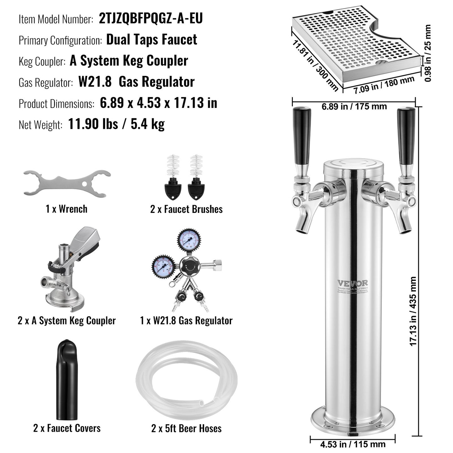 Kegerator Tower Kit, ölkonverteringskit med dubbla kranar, öltornsdispenser i rostfritt stål med dubbel mätare, W21.8-regulator och A-System-fatkoppling, droppbricka för öl för fester och hem.
