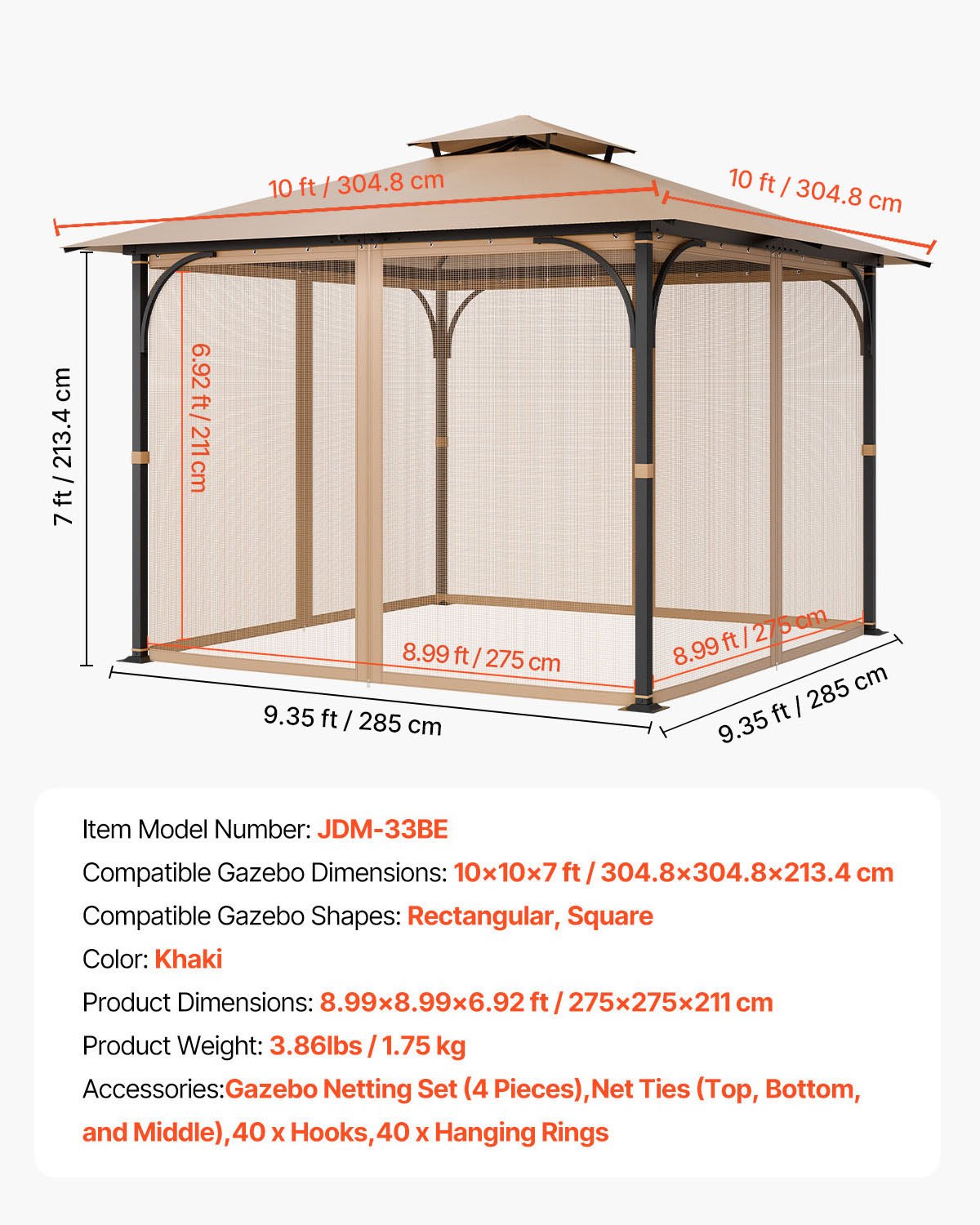 Nät för paviljonger, passar de flesta 10 x 10 x 7 fot paviljonggardiner, trädgårdsnät med 4 paneler på sidoväggarna, myggnät för uteplats med dubbel dragkedja, skärm för tak (endast nät)
