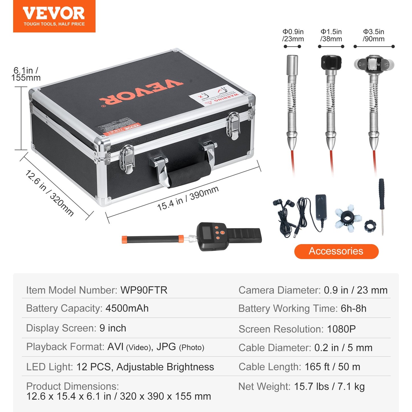 Avloppskamera med 512Hz-lokalisering, 50 m, 9" avloppsinspektionskamera med självnivellering, 36X zoom, VVS-kamera med lampor - 12 LED-lampor, 32 GB-kort, IP68 vattentät ormkamera för kanalrör