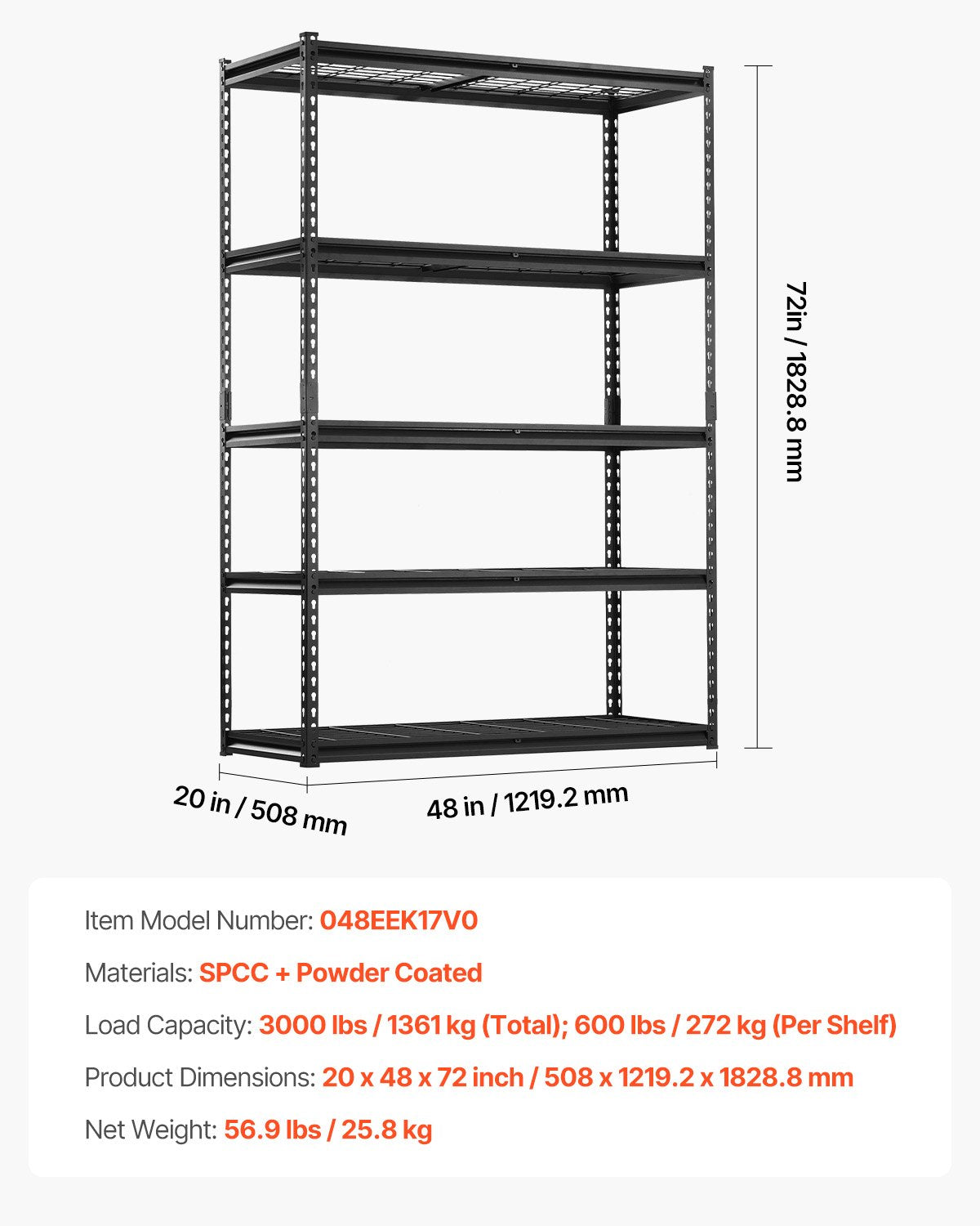 Förvaringshyllor, 1360 kg, 5-vånings kraftiga garagehyllor, 50 cm D x 122 cm B x 183 cm H Justerbara metallhyllor för industriella hyllenheter, för kök, lager, källare, svarta