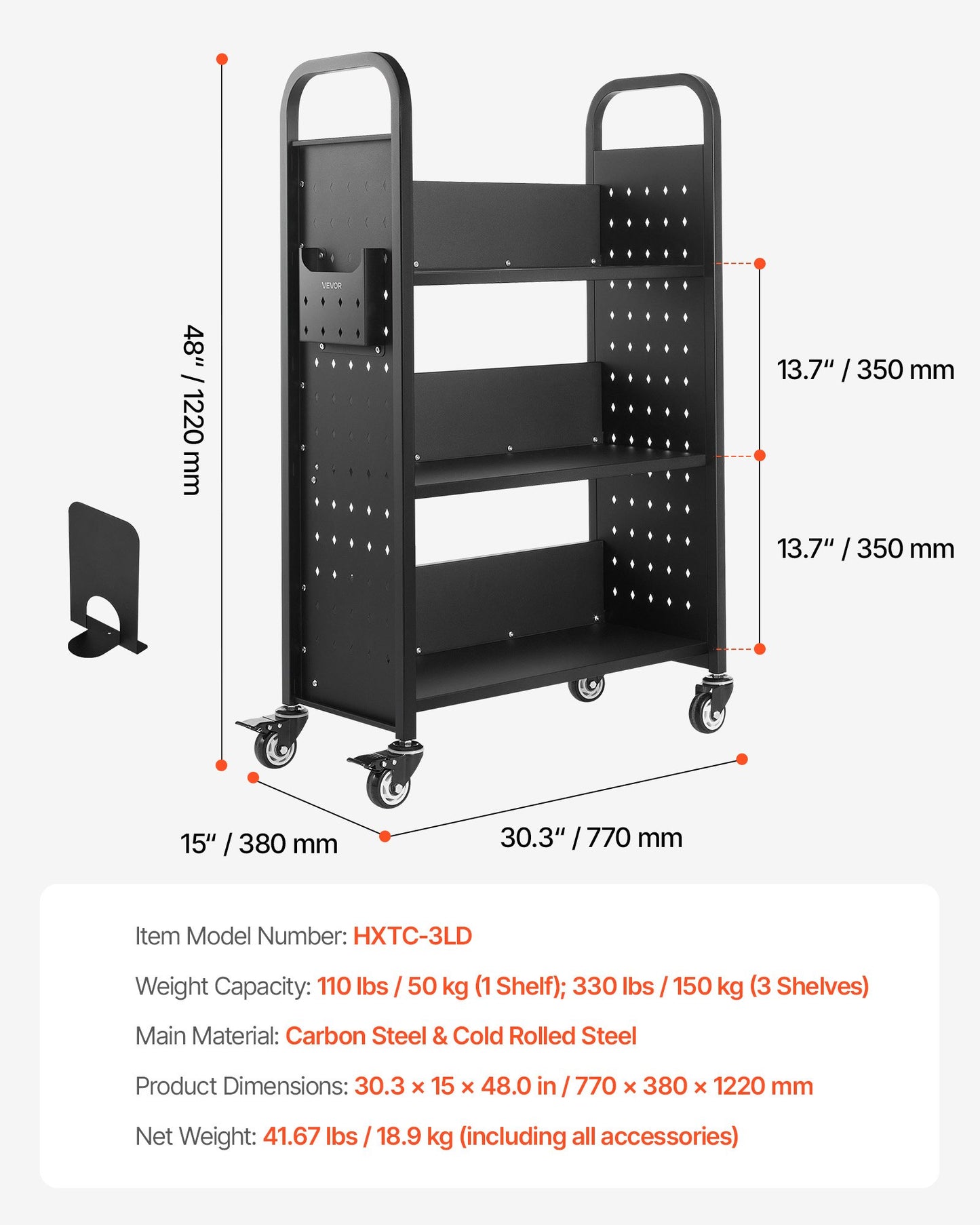 Rullande biblioteksbokvagn, 150 kg kapacitet, 77 x 38 x 122 cm biblioteksvagn, enkelsidiga L-formade hyllor med 76,2 mm låsbara hjul, bokvagn för hemhyllor, kontor och skola, svart