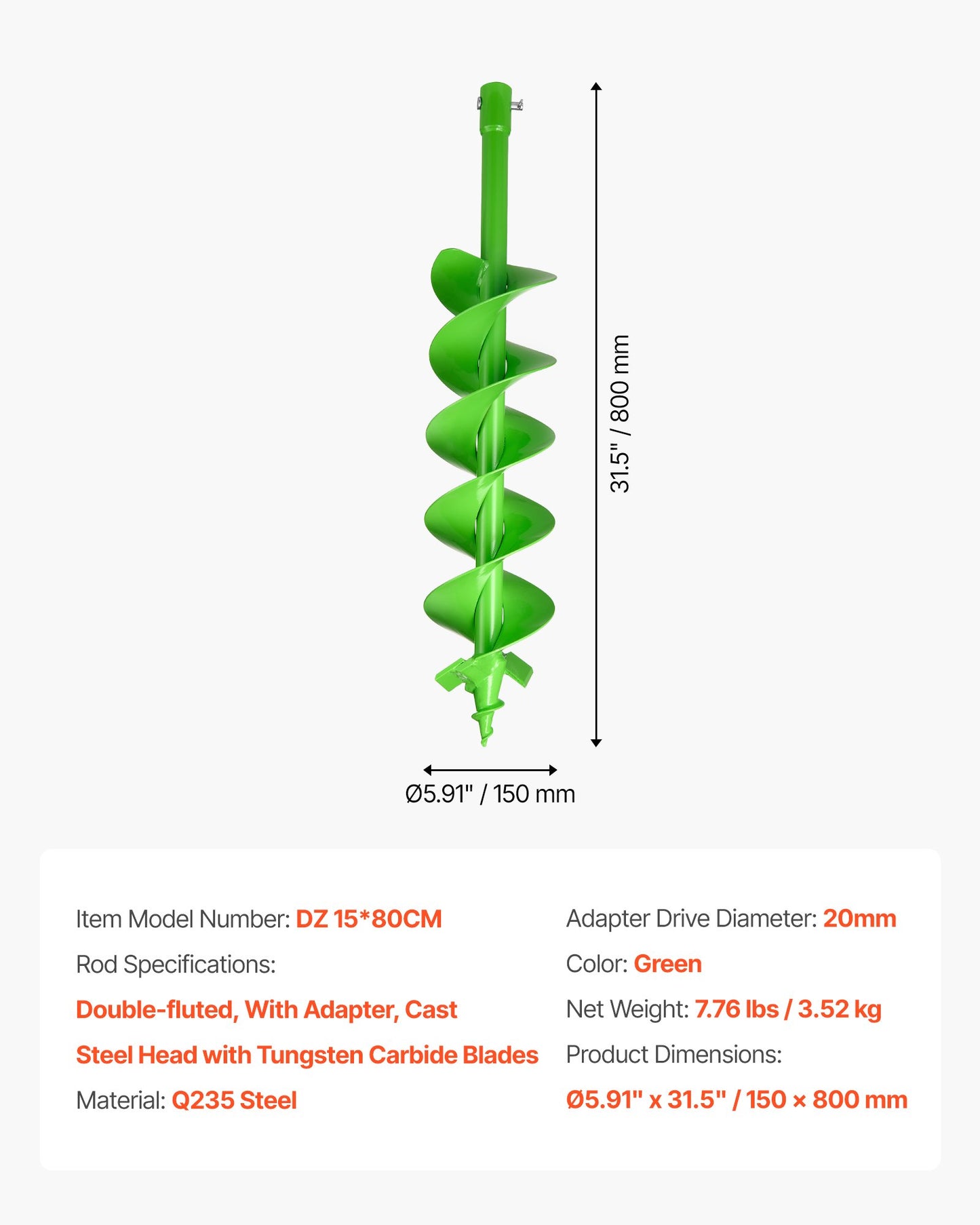 Auger Drill Bit for Planting, 150 x 800 mm Spiral Drill Bit, Compatible with 20mm ID Drive Drills, Heavy Duty Bulb Planter Tool, Post Hole Drilling Attachments for Garden Digger Fence