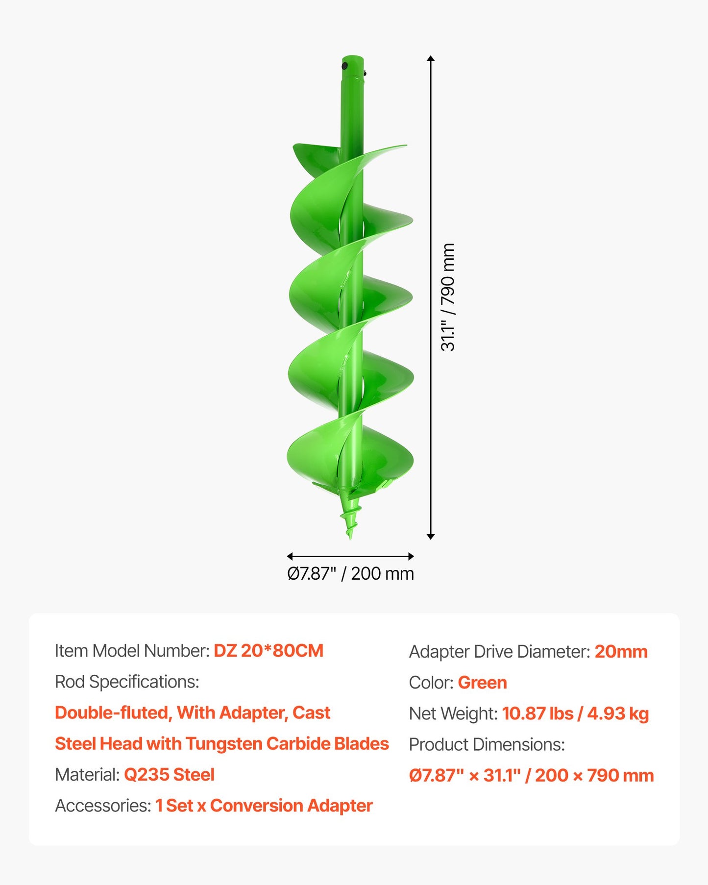 Borr för plantering, 200 x 790 mm spiralborr, kompatibel med borrar med 20 mm innerdiameter, kraftigt verktyg för lökplantering, stolphålsborrtillbehör för trädgårdsstaket