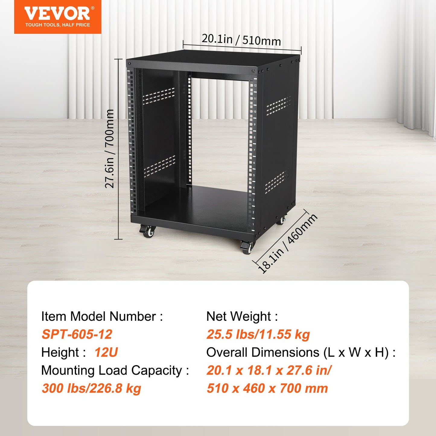 12U AV-rackstativ 226,8 kg kapacitet Nätverksstereoinspelningsstudiorack 510x460x700mm
