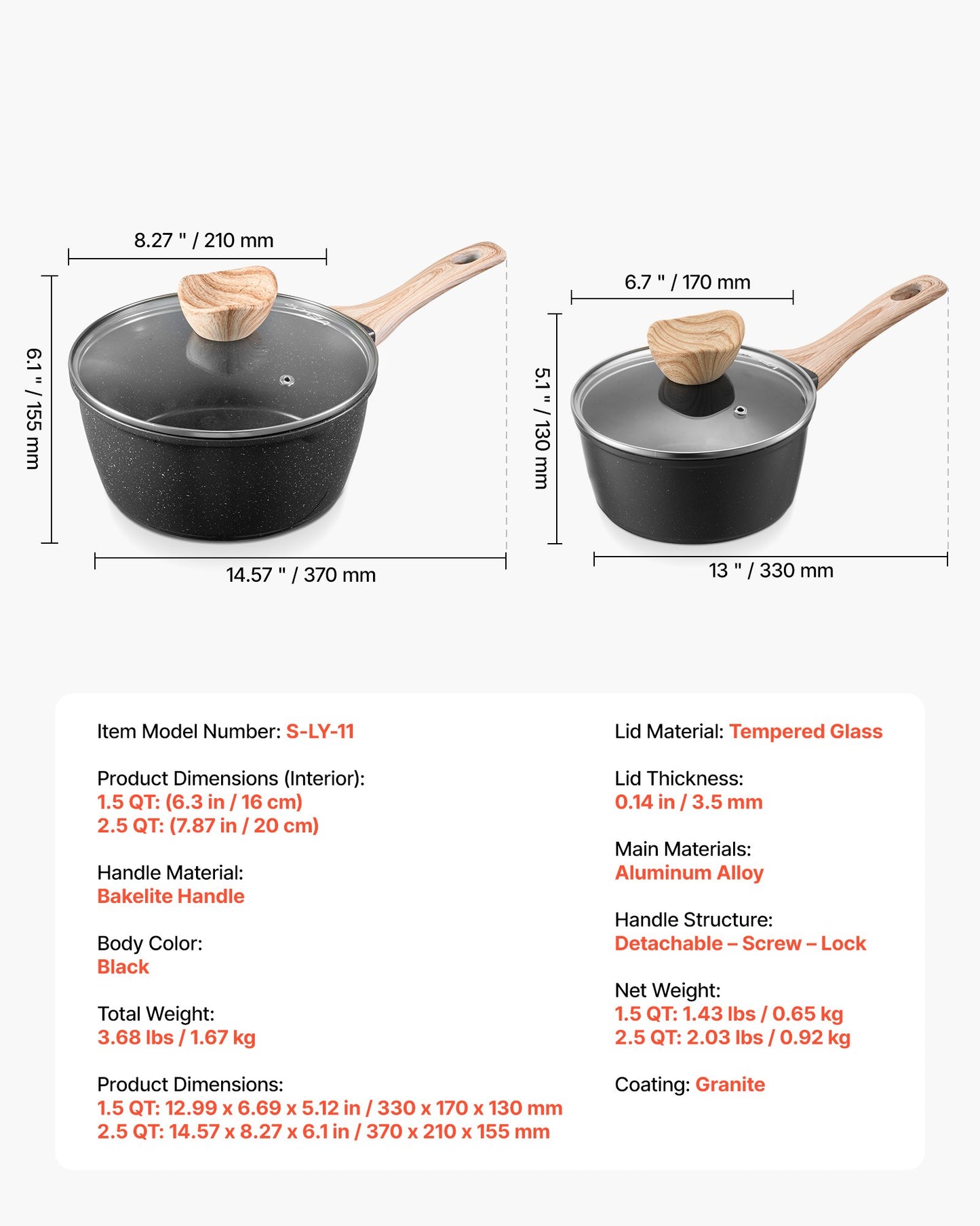 Kastrullset, 1,5 QT och 2,5 QT nonstick-kastrull med glaslock, mångsidiga såsgrytor med avtagbara handtag, kastrull för kök med beläggning, induktionskompatibel, svart