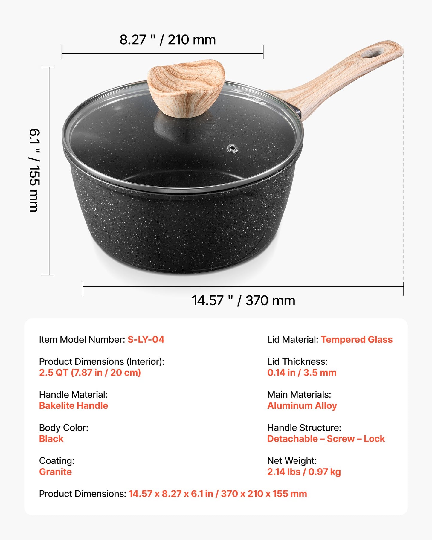 2,5 qt kastrull, nonstick-kastrull med härdat glaslock, mångsidig såsgryta med avtagbart handtag, kastrull för liten köksgryta med beläggning, induktionskompatibel, svart