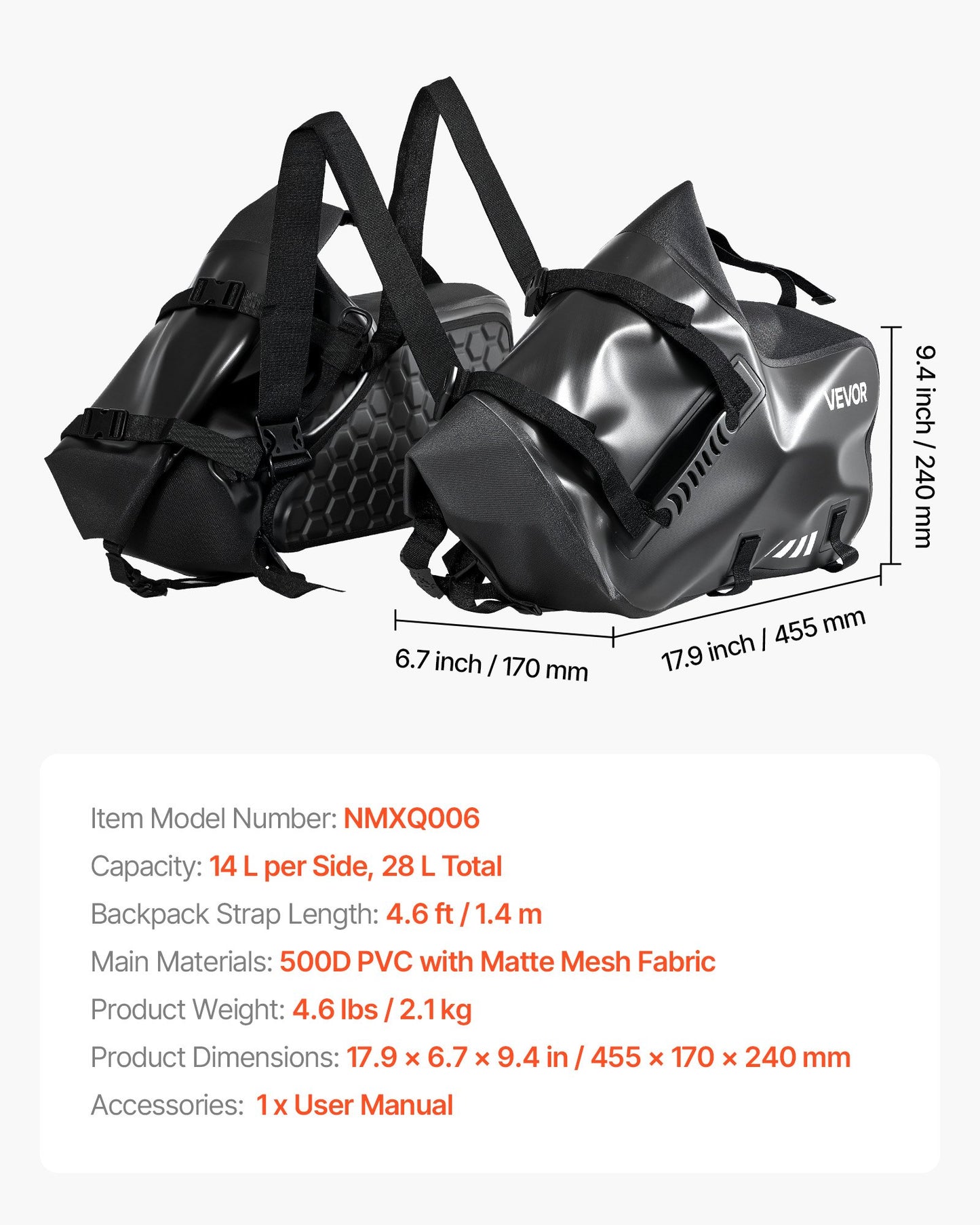 Motorcykelsadelväskor, 28 L (14 L x 2) Stor kapacitet Sidosadelväskor Kompatibla med de flesta motorcyklar, Vattentät Utomhussport Motorcykel Bagageförvaring Axelväska med Bottenrem, Svart