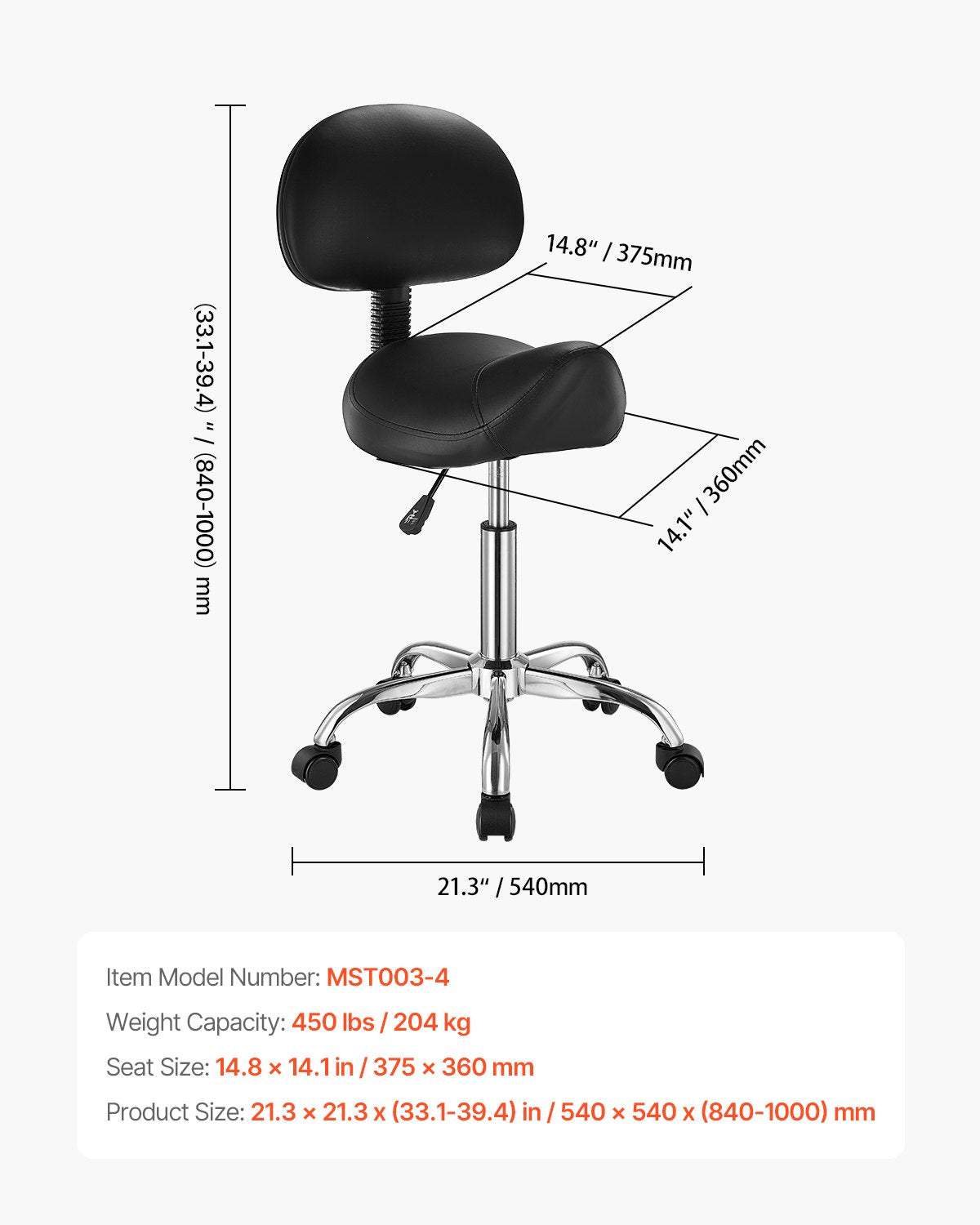 Sadelstol med ryggstöd och hjul, 450 LBS viktkapacitet ergonomisk rullstol, höjdjusterbar förtjockad PU-läder snurrbar sadelstol för salong, spa, massage, tatuering, svart