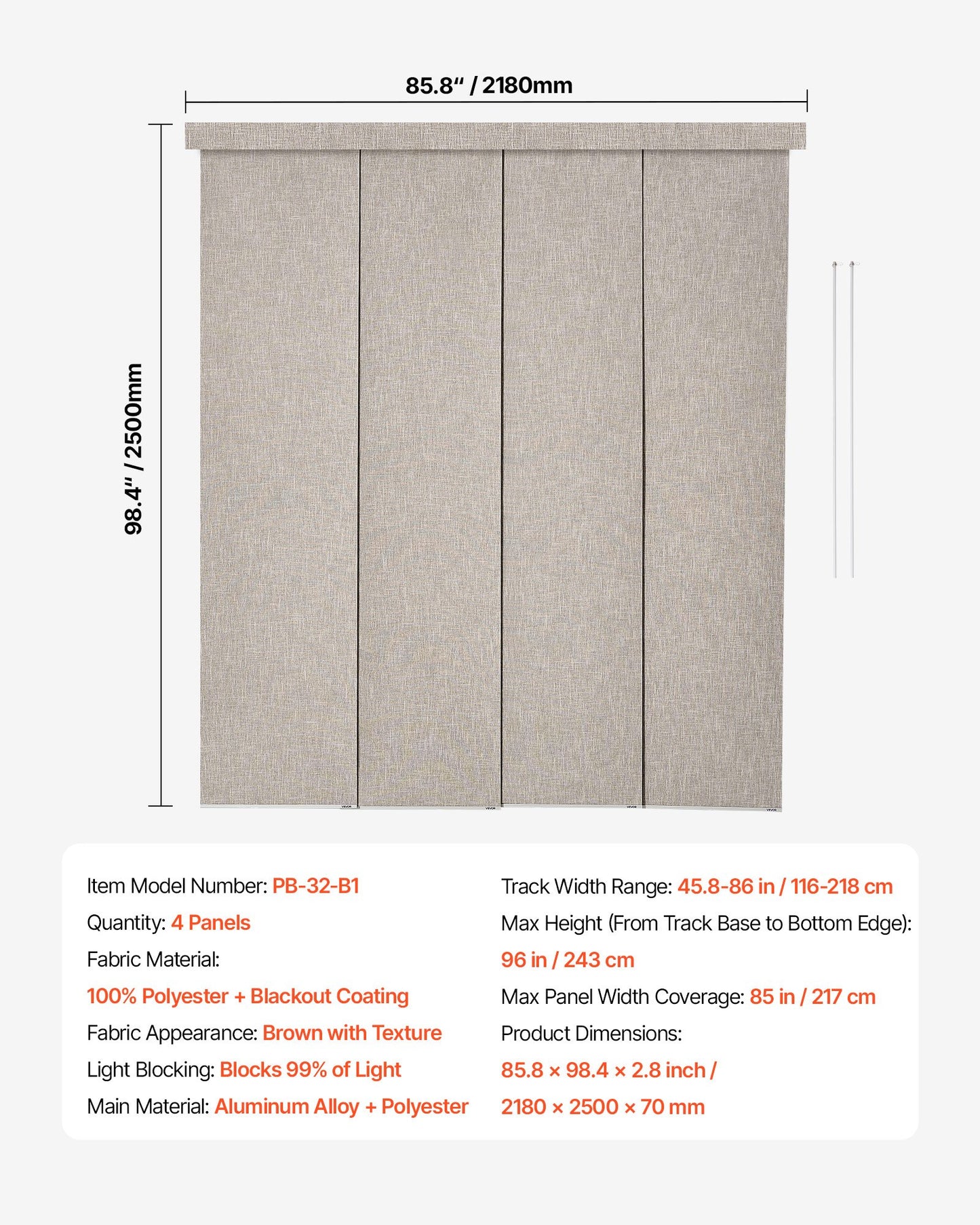 Panelgardiner, utdragbara skenor från 116 cm till 218 cm B, trimbara panelgardiner upp till 243 cm H, vertikala mörkläggningsgardiner för skjutdörrar, altandörrar, rumsavdelare, fönster, brun