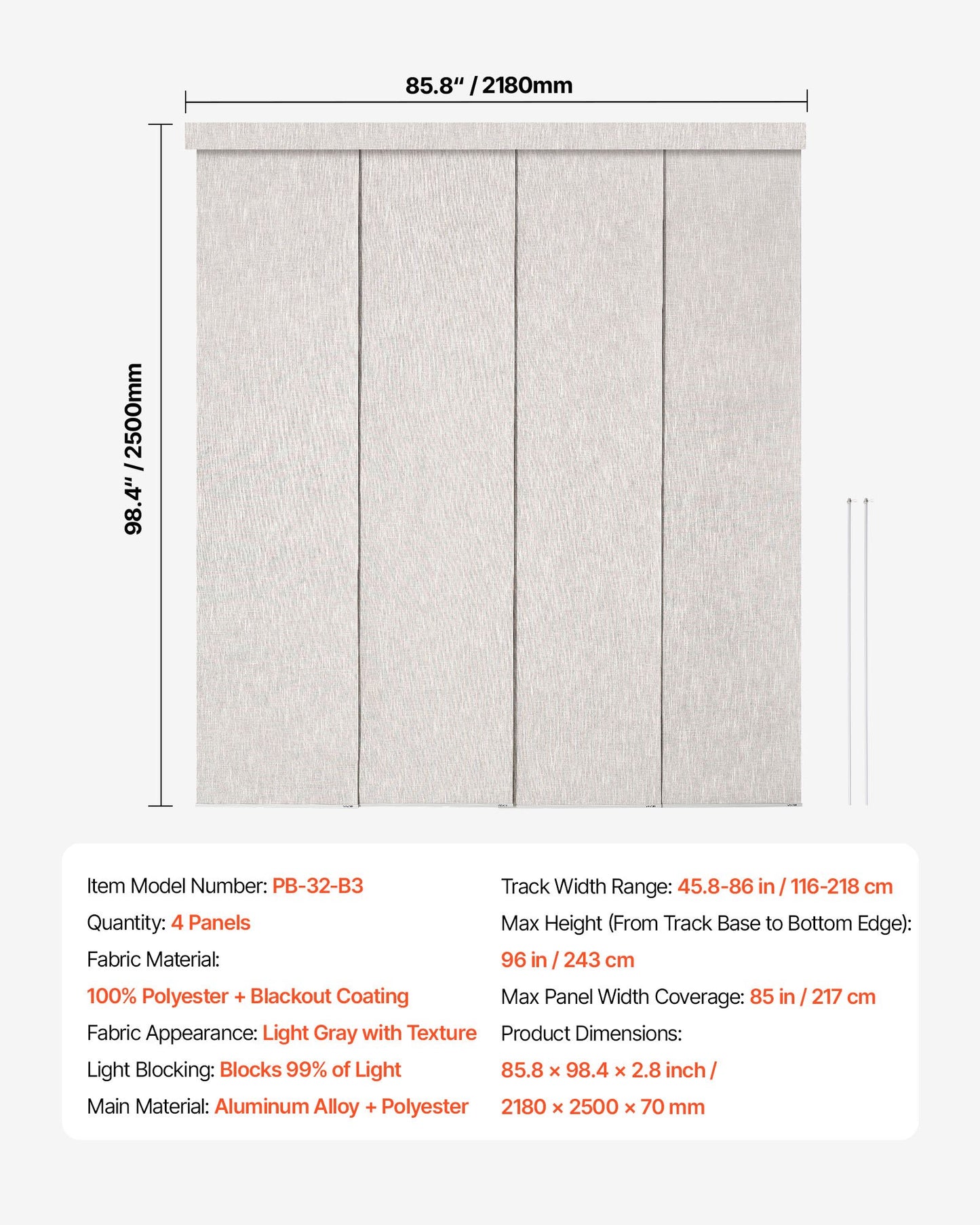Panelgardiner, utdragbara skenor från 116 cm till 218 cm B, trimbara panelgardiner upp till 243 cm H, vertikala mörkläggningsgardiner för skjutdörrar, altandörrar, rumsavdelare, ljusgrå