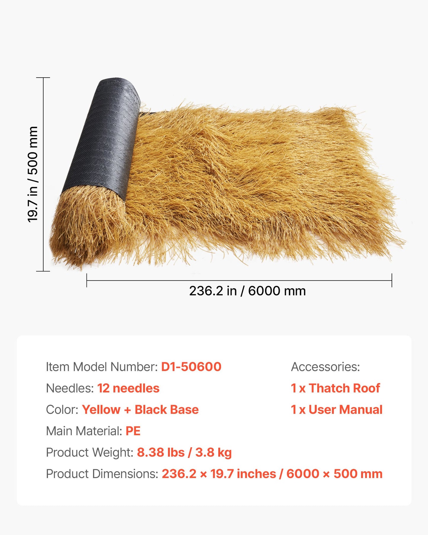Artificial Thatch Grass Roof, 0.5 x 6 m Tiki Bar Hut Thatch Roofing Roll, Waterproof & Fire-Resistant, Palapa Tiki Roof Mat for Patio Pool Beach Tropical Hawaiian Party Decor