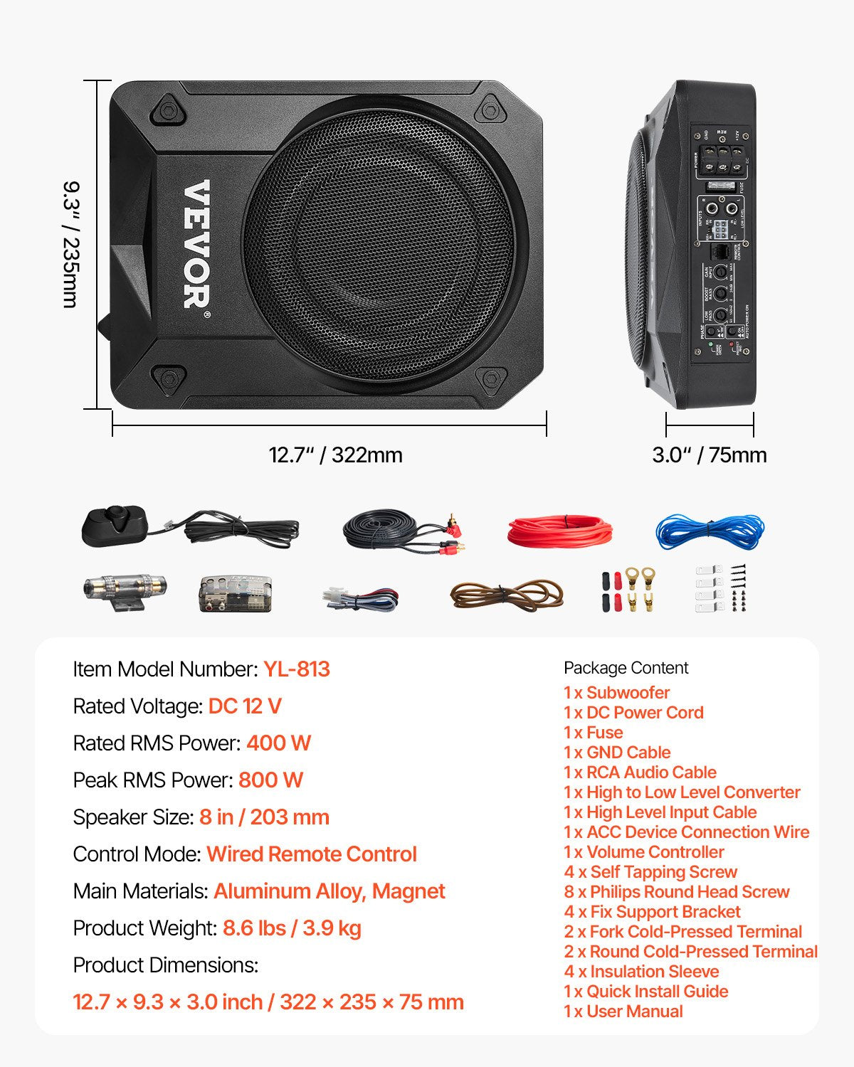 8" 800W subwoofer för undersätet, smala, drivna subwoofers för bil under sätet, inbyggd lågprofilsubwooferförstärkare, hög-/lågnivåingång och volymkontroll för stadsjeepar, bil, lastbil, husbil