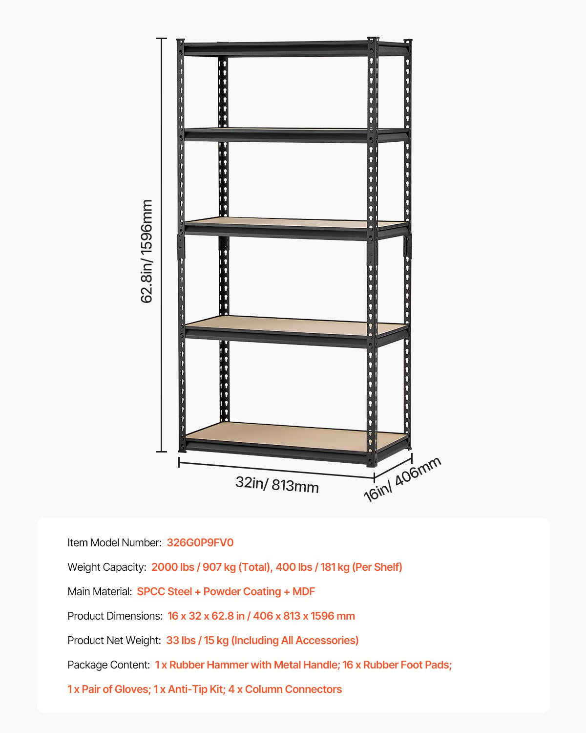 Förvaringshyllor, 900 kg, 5-vånings garageförvaringshylla, 40 cm D x 81 cm B x 162,8 cm H Justerbara metallhyllor för garagehyllor Verktygshylla, Perfekt för kök, lager, källare, Svart