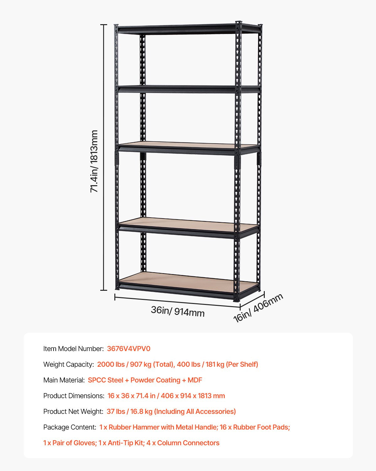 Förvaringshyllor, 900 kg, 5-vånings garageförvaringshylla, 40 cm D x 81 cm B x 18 cm H Justerbara metallhyllor för garagehyllor Verktygshylla, Perfekt för kök, lager, källare, Svart