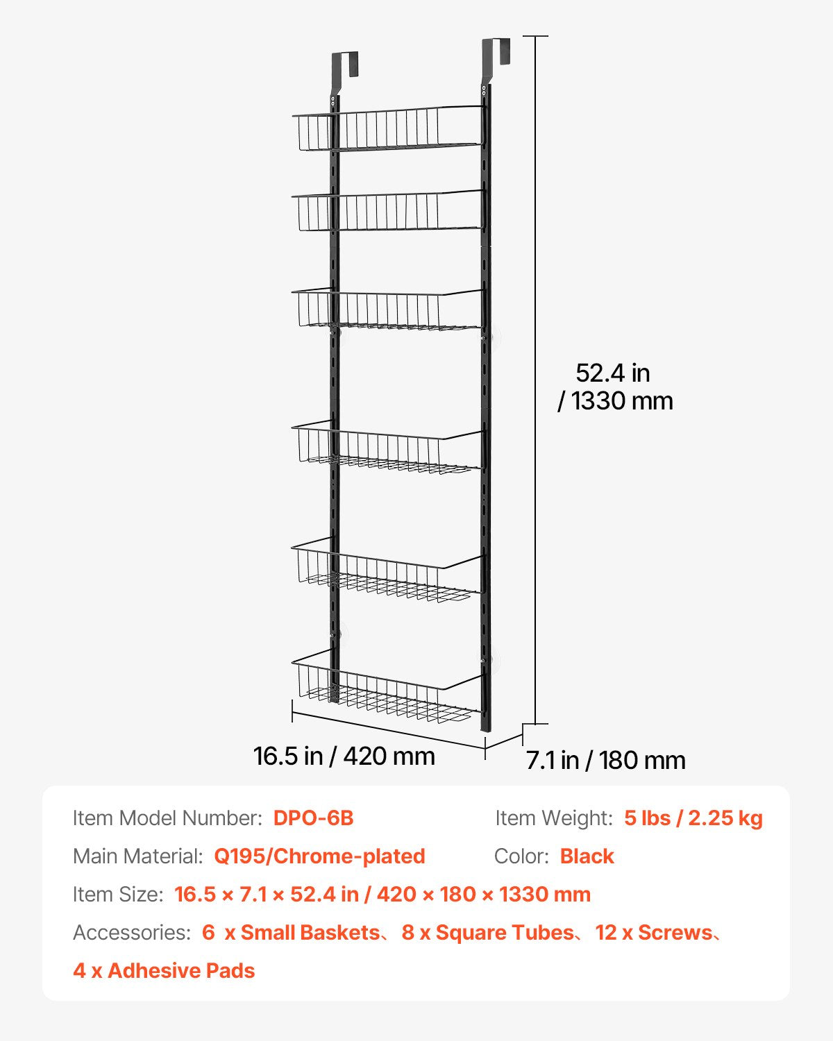 Skafferiorganisatör över dörren, skafferiorganisation och förvaring i 6 nivåer, kraftig hängande kryddhylla i stål, justerbara vägghyllor för kryddor, för kök, tvättstuga, badrum, svart