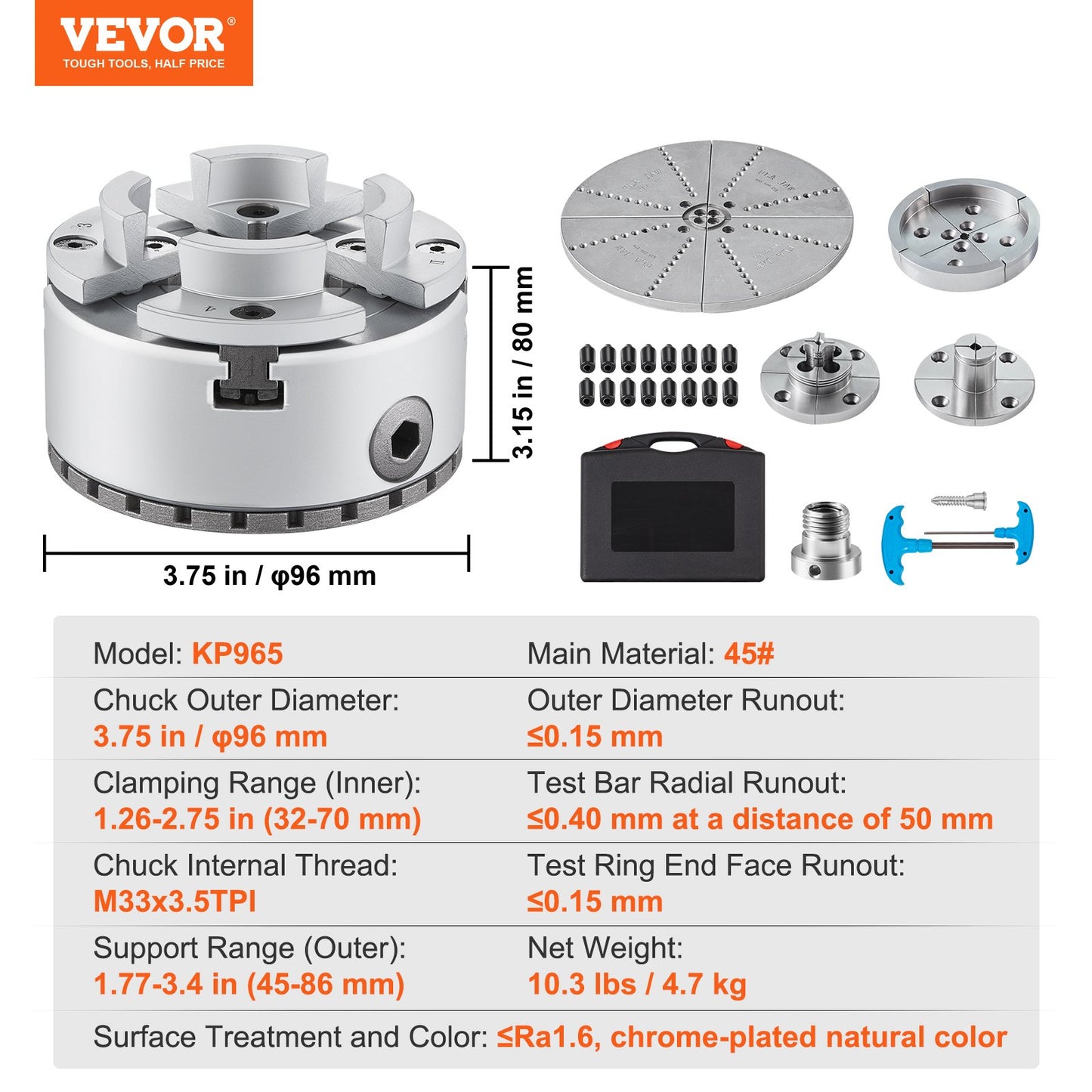 KP965 Svarvchuck, 4-käftar 9,5 cm diameter, metallsvarvchuck, svarvtillbehör med 5 uppsättningar käftar, självcentrerande verktyg, för precisionsbearbetning, slipmaskiner, fräsmaskiner