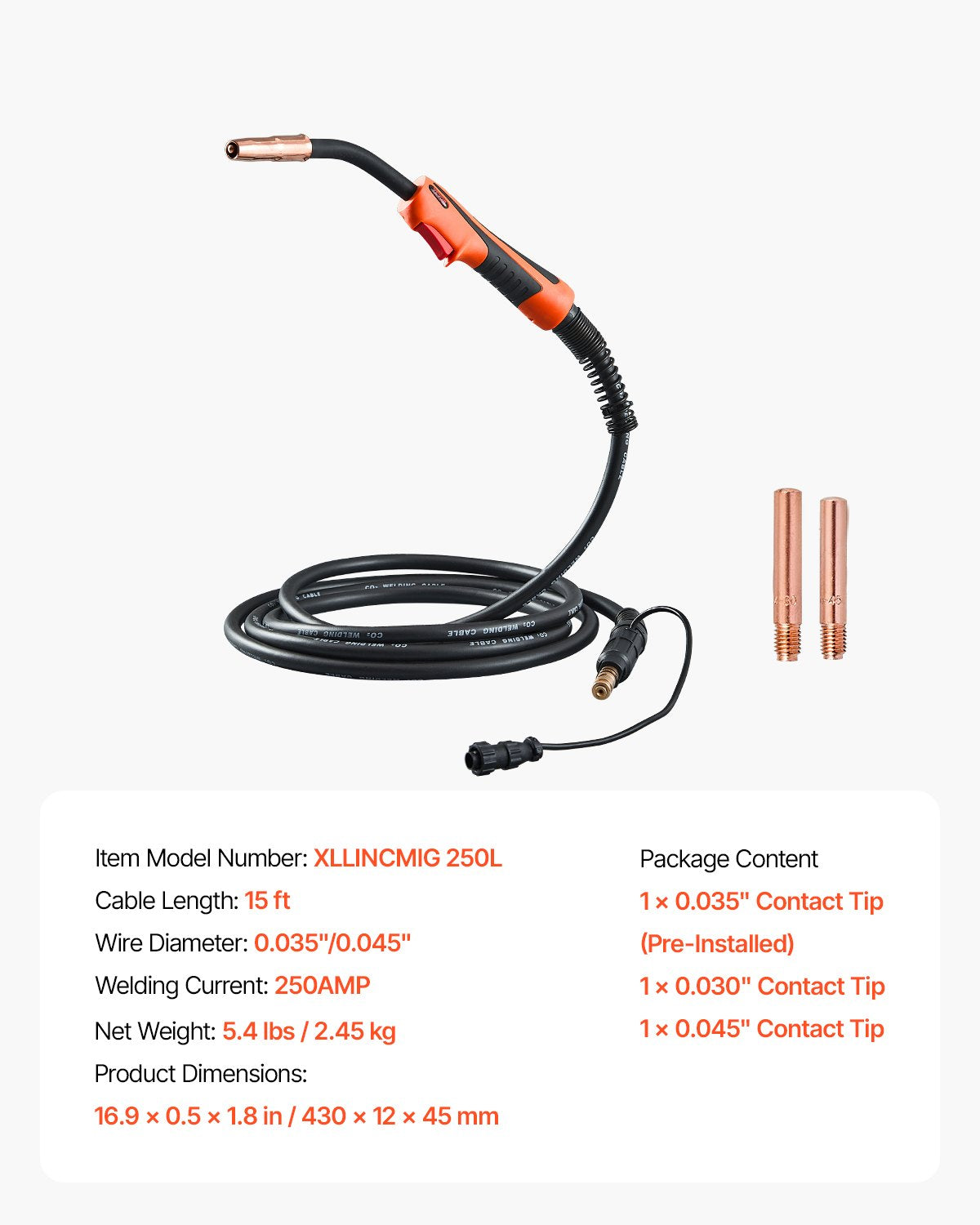 250A MIG-svetspistol med 4,5 m kabel, kompatibel med LincoIn Power MlG 200, 215, 216, 255 och Wire-Matic 255 svetsar, lämplig för 0,035" och 0,045" svetstrådar