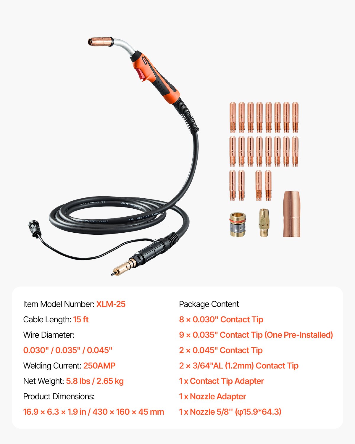 250A MIG-svetspistol med 4,5 m kabel, kompatibel med Millermatic 200, 210, 212, 250, 250X, 251, 252 svetsar, lämplig för 0,030", 0,035" och 0,045" svetstrådar
