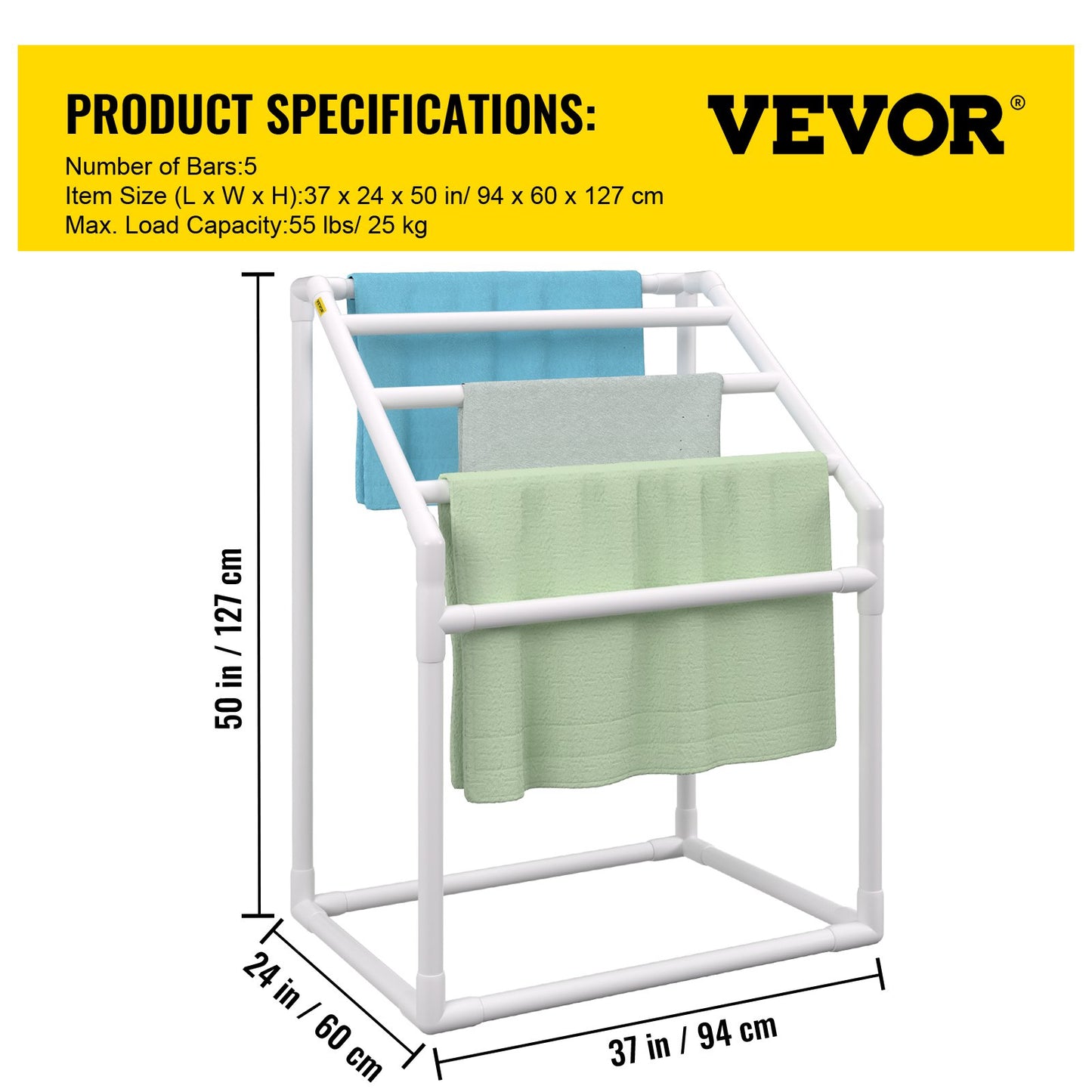 Handdukshängare för pool, 5 stänger, vit, fristående utomhus PVC trapetsformad förvaringsorganisatör för poolkanten, inkluderar 8 handduksklämmor, nätpåse, krok, förvarar även flytplagg och paddlar, för strand, pool