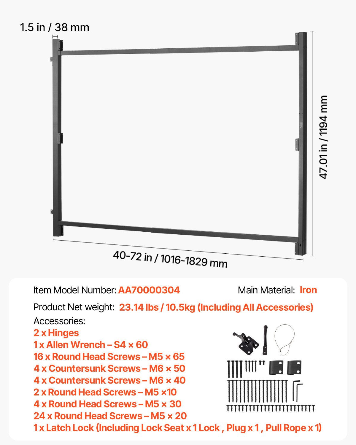 Grindbyggsats, passar 40 till 72 tum breda öppningar, upp till 4 till 5 fot höga staket, justerbar grindbyggsats, komplett grindram med anti-sag-funktion, lås och skruvar, för trästaket, järn