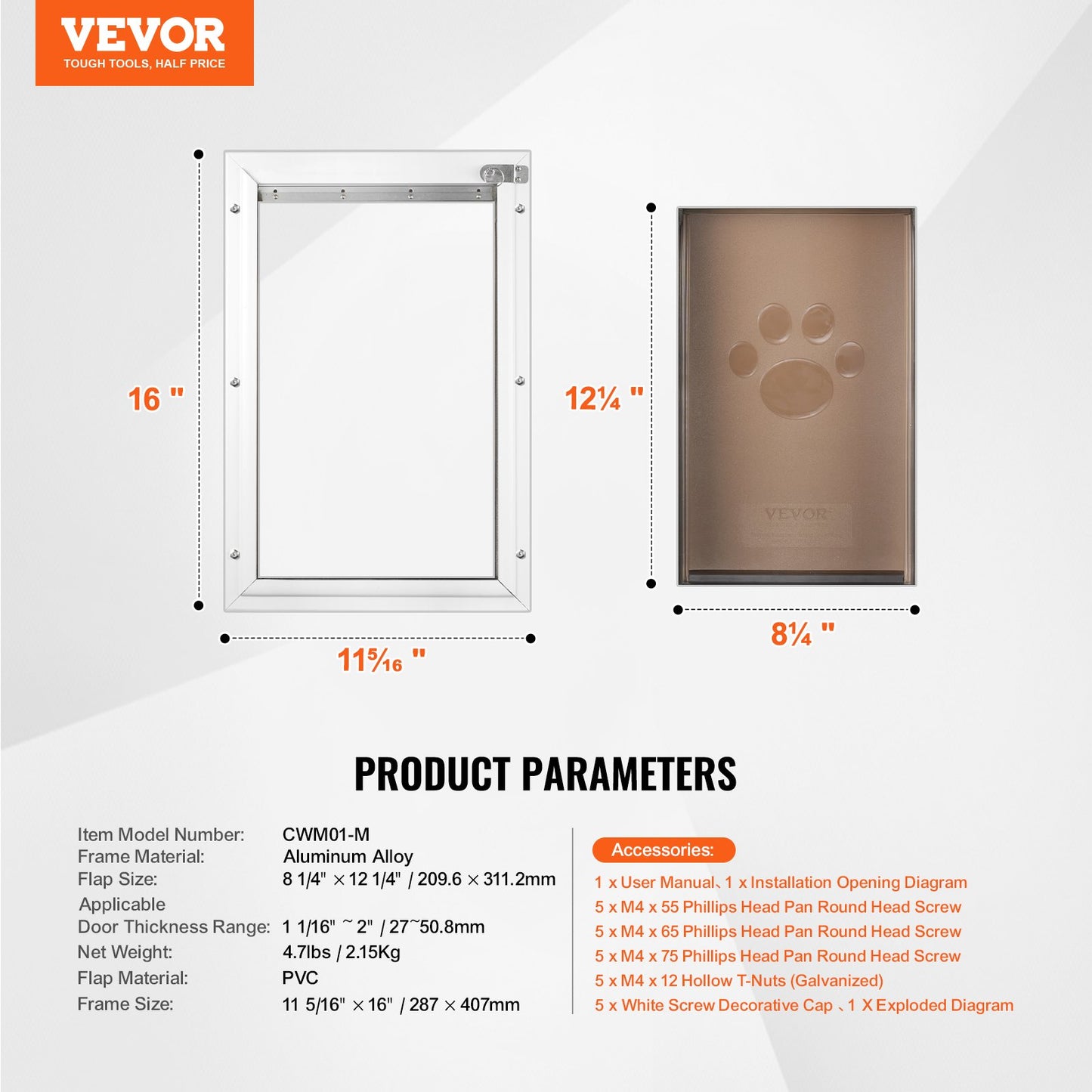 Husdjurslucka, 28,5 cm x 41,5 cm aluminiumram med lås- och klaffsystem, väderbeständig hundlucka, enkel att installera i inner- eller ytterdörrar, husdjurslucka lämplig för katt, hund och kattungar (vit-M)