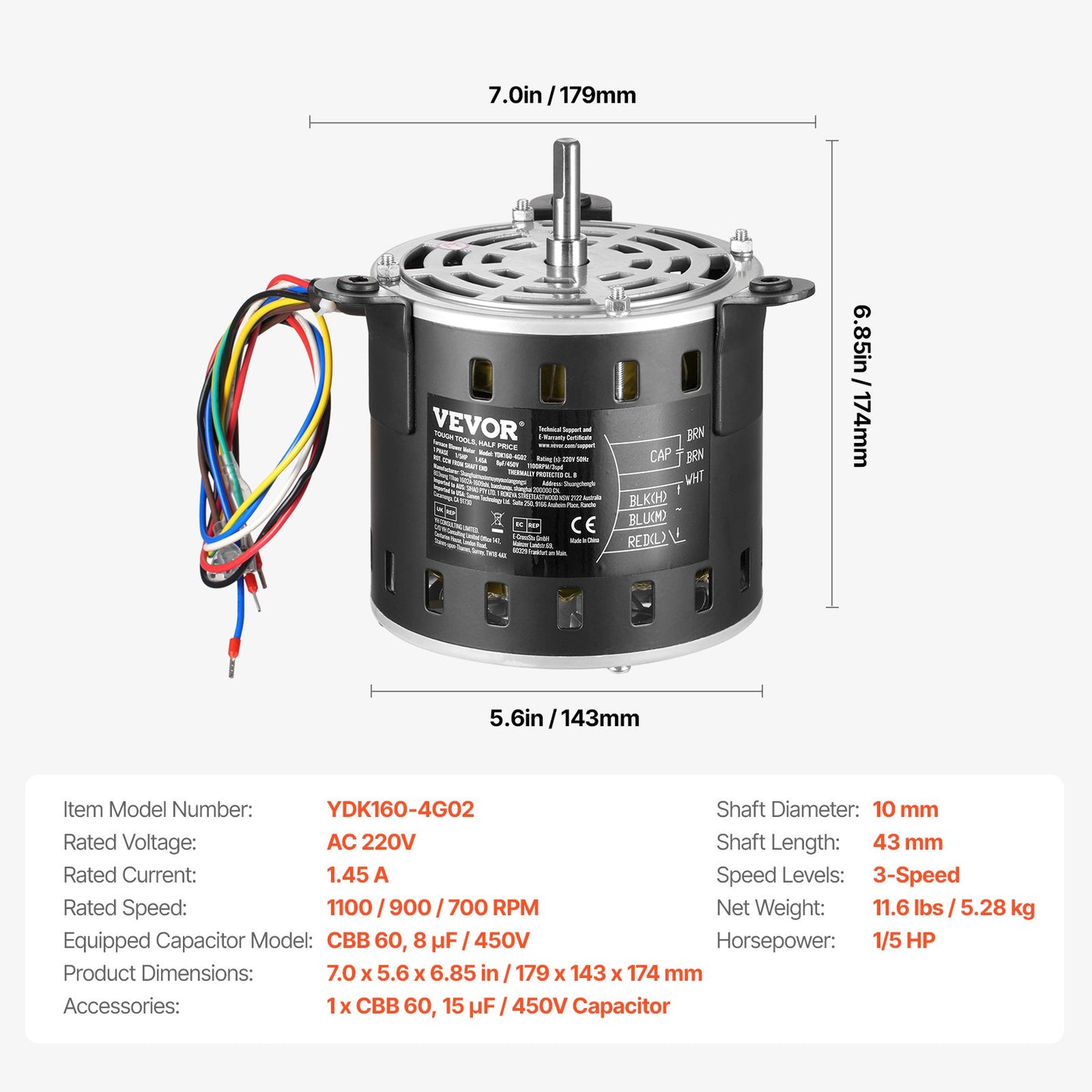 1/5 hk ugnsfläktmotor, 220 V 1,45 ampere, 1100 varv/min 3-växlad, 10 mm axeldiameter, 20 mm axellängd, roterar moturs från axeländen, inkluderar CBB60 8 μF/450 V kondensator