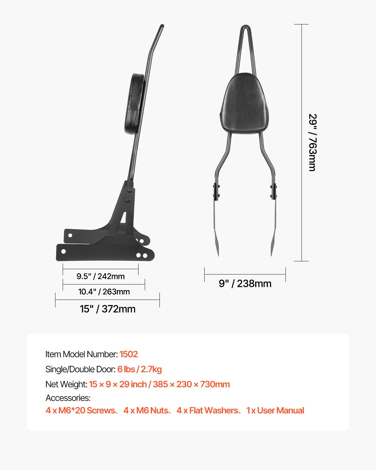 Motorcykelryggstöd Sissy Bar, kompatibel med Harley-Davidson Dyna Street Glide Road Glide Road King, 730 mm höjd avtagbart passagerarryggstöd, för motorcyklar, svart