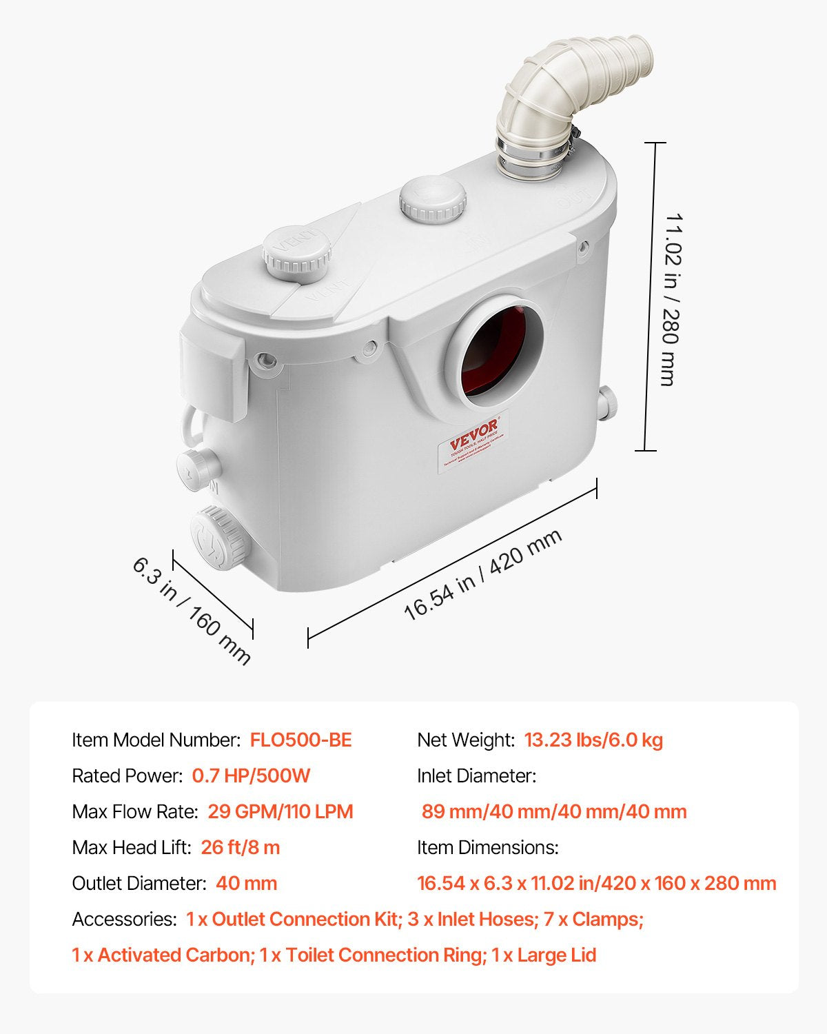 Maceratorpump, 500 W, 110 l/min (29 GPM) flöde, 26 ft/8 m tryck, macerator avloppstoalettpump med 4 vatteninlopp, uppspolningsmaskin för avloppsvattenavfall för toalett, källare, dusch, handfat, tvättstuga, badkar