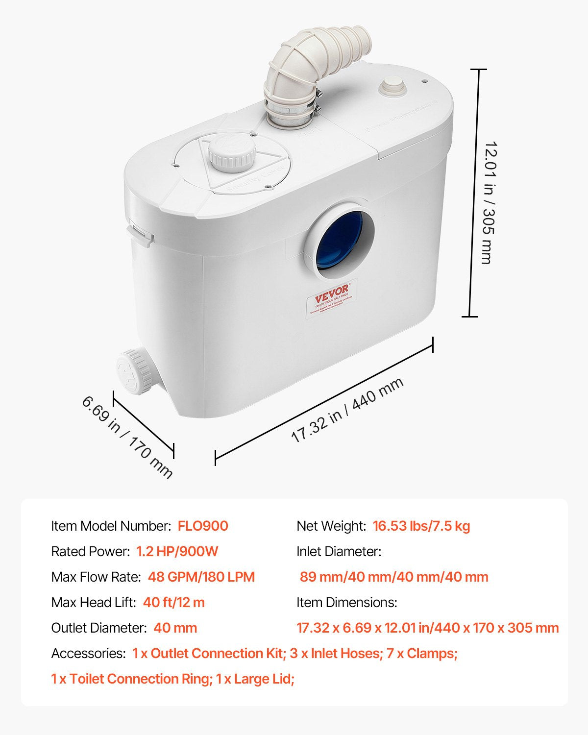 Maceratorpump, 900 W, 180 l/min (48 gpm) flöde, 40 fot/12 m tryckhöjd, macerator avloppstoalettpump med 4 vatteninlopp, avloppsvattenavfallsmaskin för toalett, källare, dusch, handfat, tvättstuga, badkar