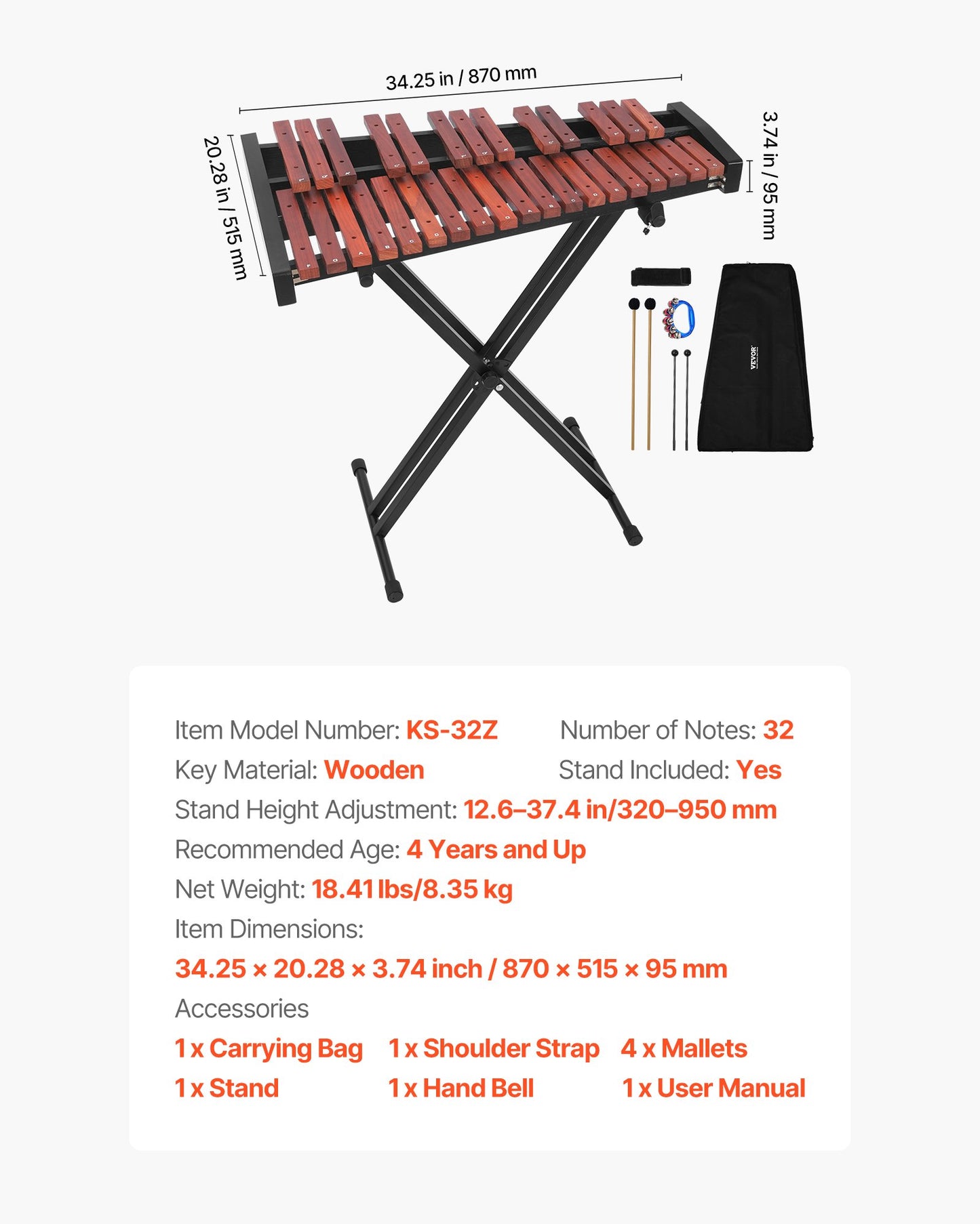 Klockspelsxylofon, 32 toner, professionellt xylofonslagverksinstrument i trä, med höjdjusterbart stativ, 4 klubbor, bärväska, musikinstrumentkit för nybörjare för vuxna och barn