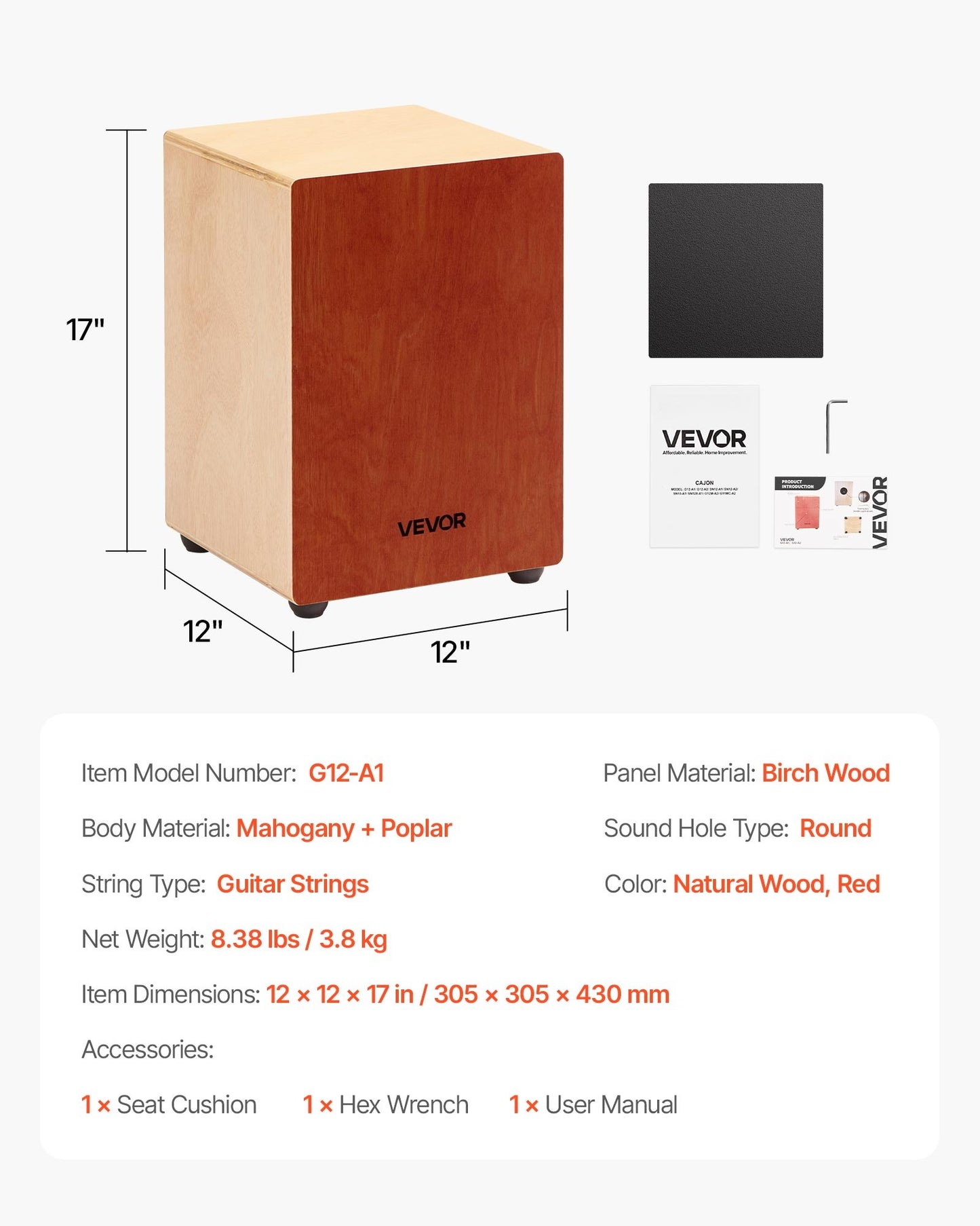 Cajon Box Drum, with Internal Guitar Strings, Lightweight Wooden Percussion Box, Portable Birch Wood Drum Musical Instrument with Silicone Feet, for Beginner & Professional, 305 x 305 x 430 mm