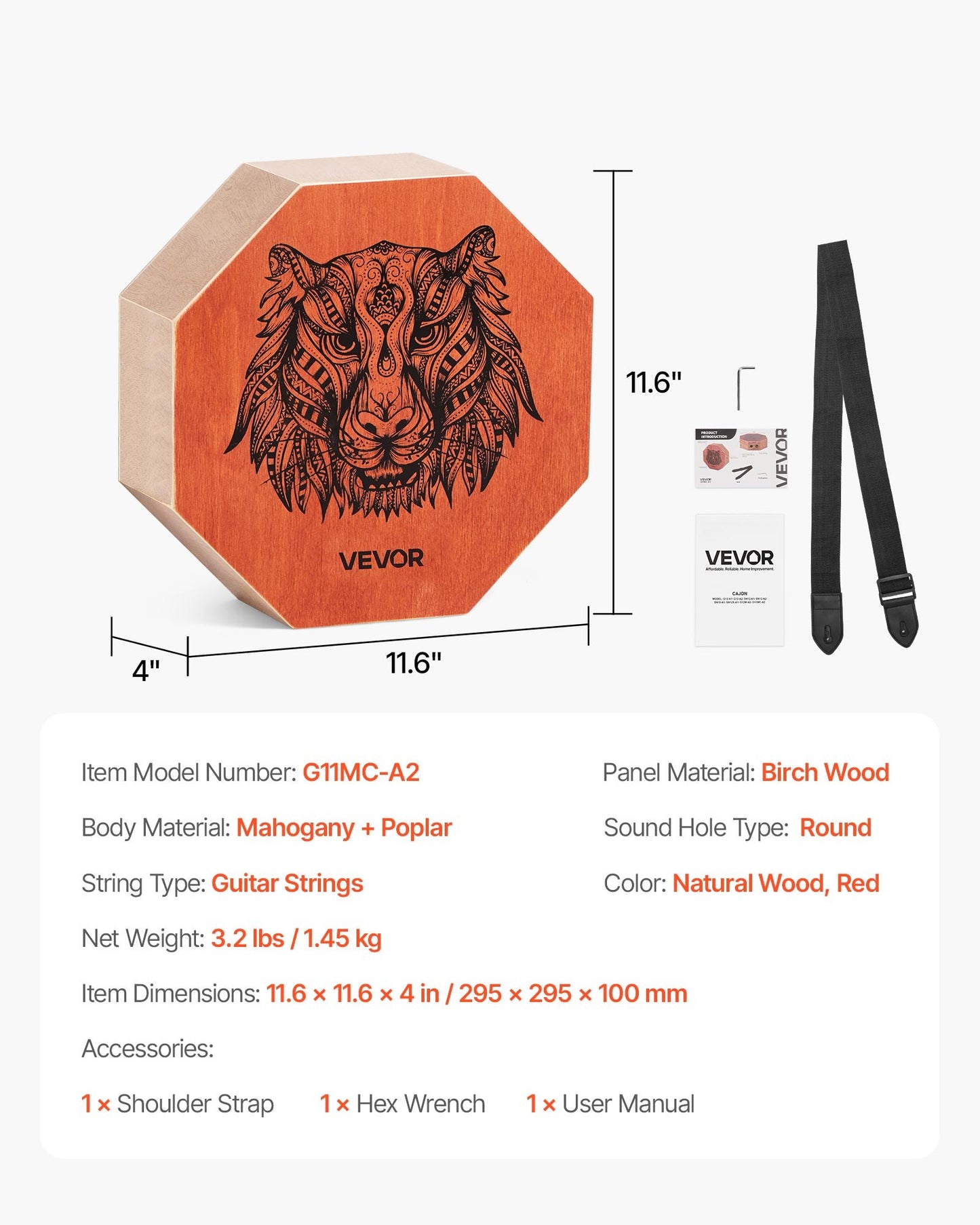 Unik Cajon-trumma, med invändiga gitarrsträngar, bärbar slagverkslåda i trä, truminstrument i björkträ med justerbar rem, för nybörjare och proffs, 295 x 295 x 100 mm